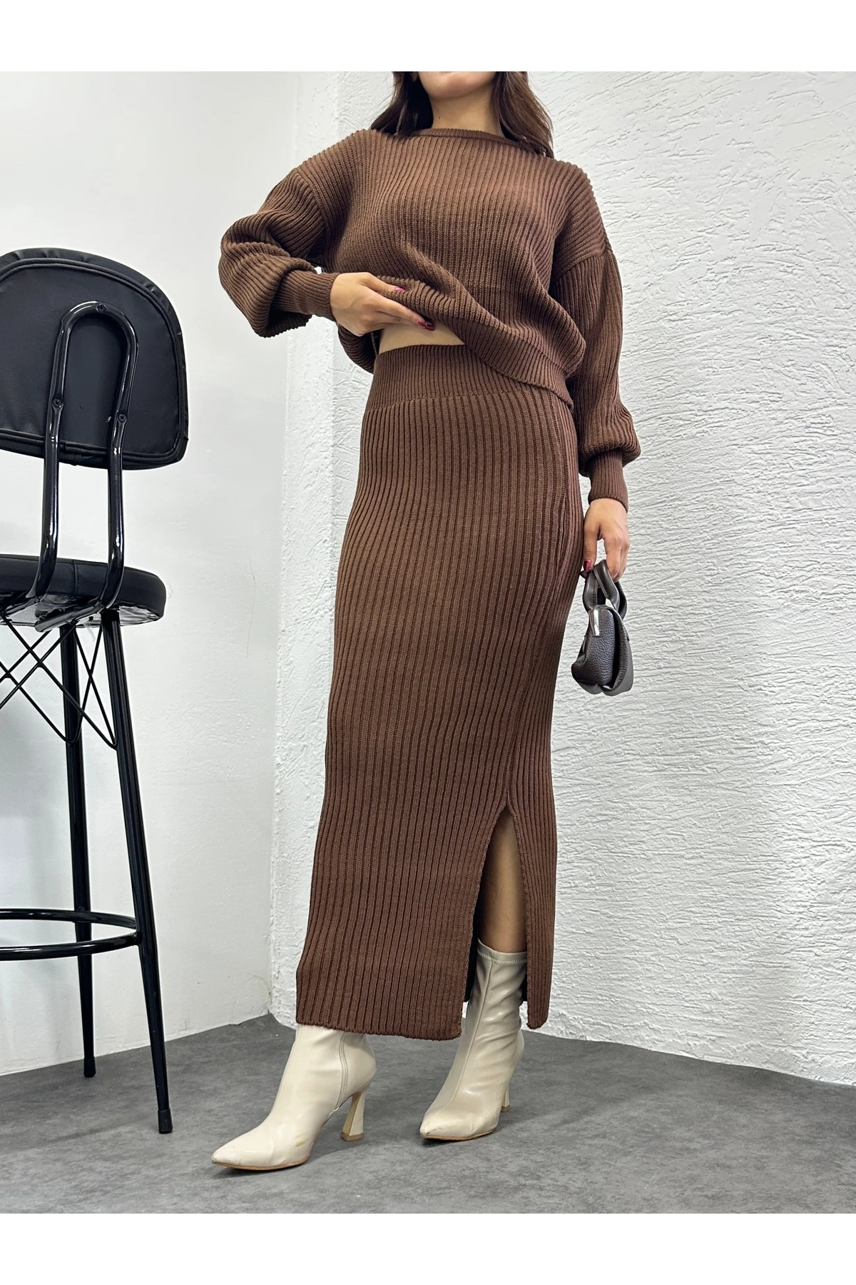 Selanik Örgü İkili Takım - Kahverengi