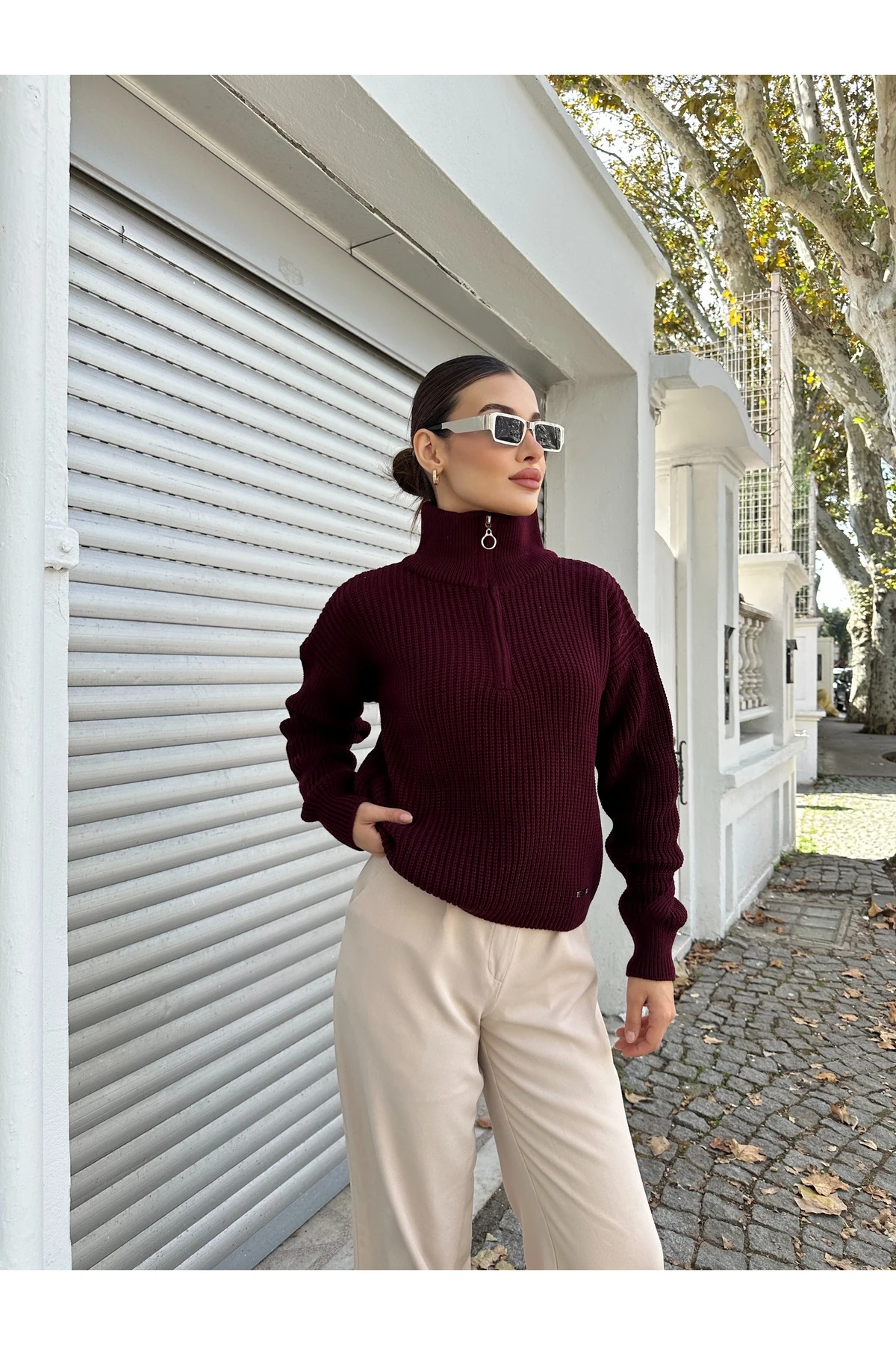 Fermuarlı Triko Kazak - Bordo