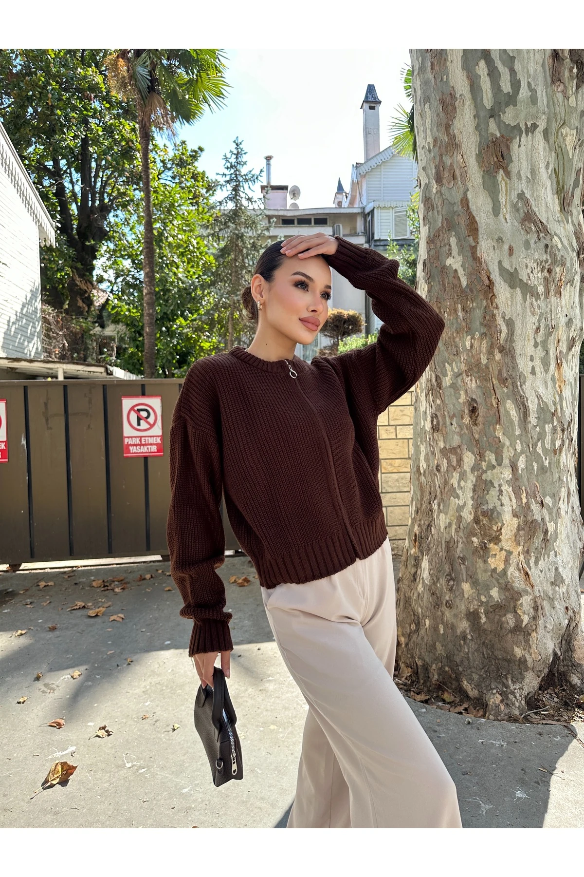 Kadın Fermuarlı Triko Hırka - Kahverengi