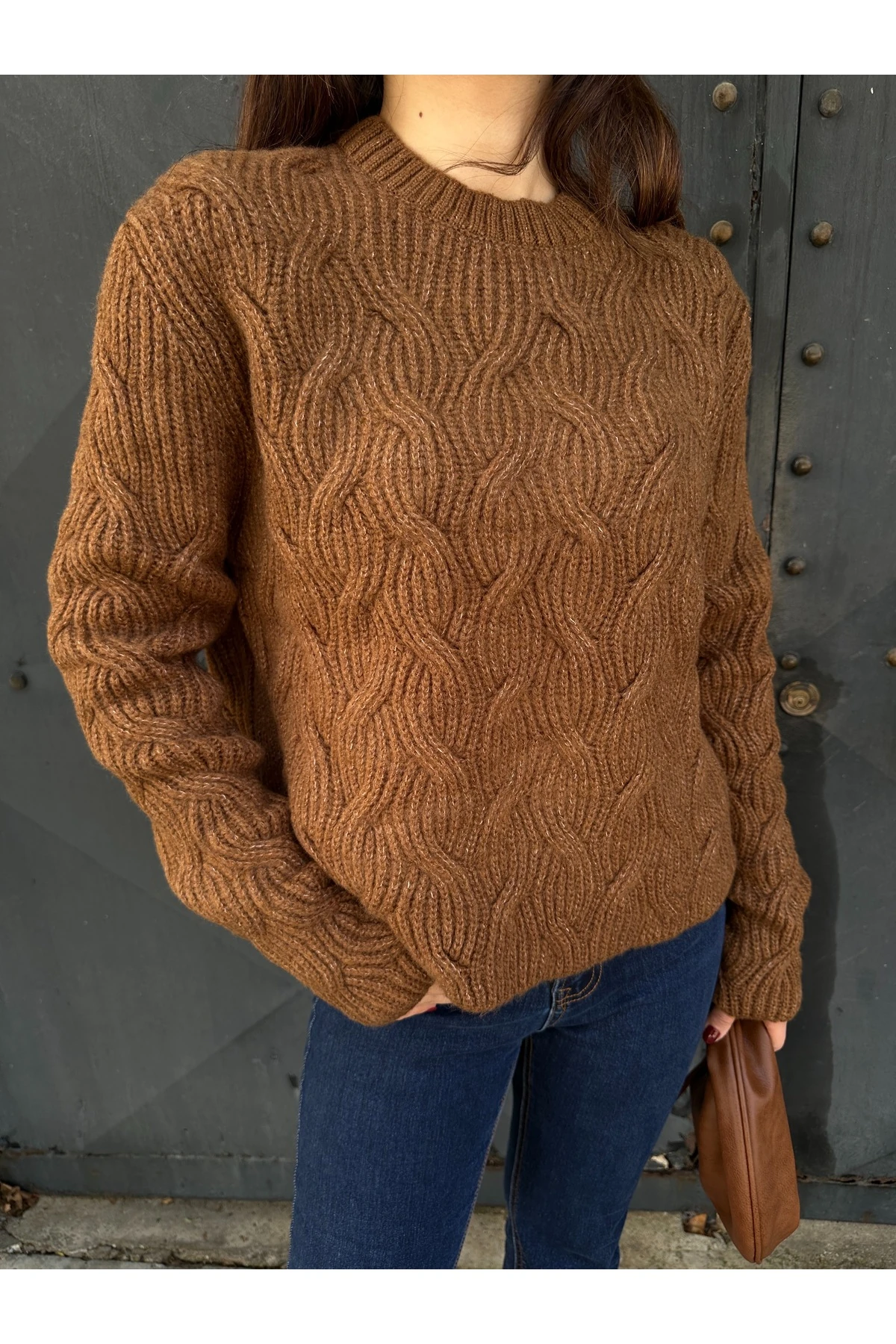 Bisiklet Yaka Dokulu Triko Kazak - Kahverengi