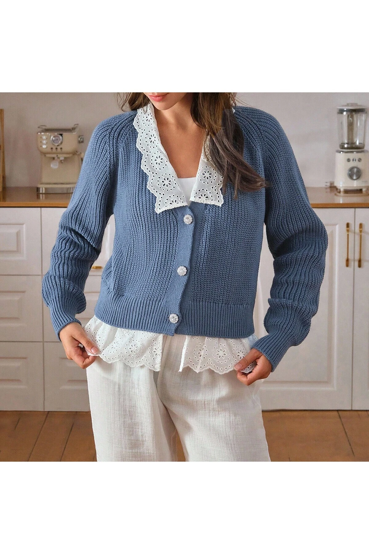 Brodeli V Yaka Hırka - i̇ndigo mavisi