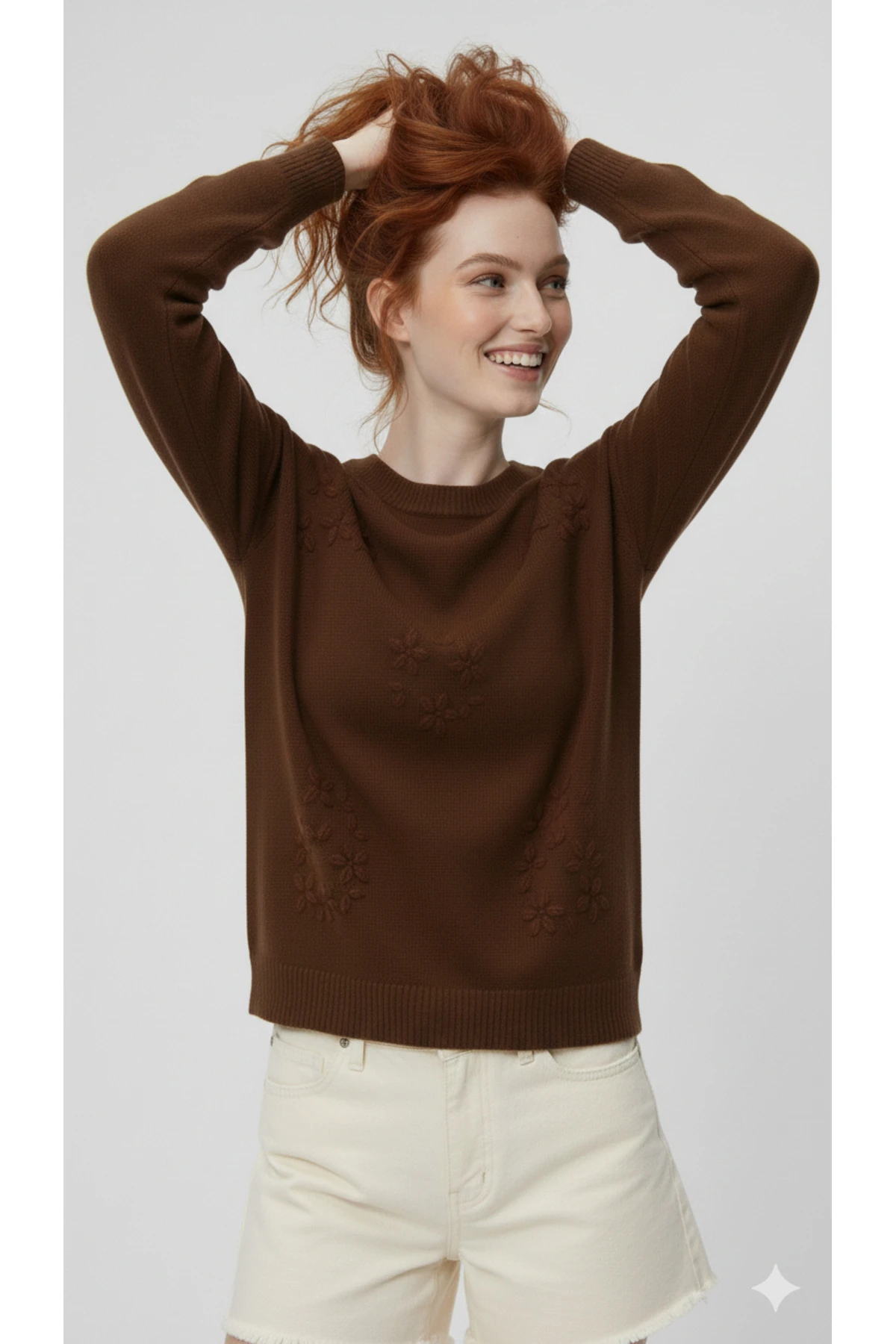 El İşi Çiçek İşlemeli Kadın Triko Kazak - Kahverengi