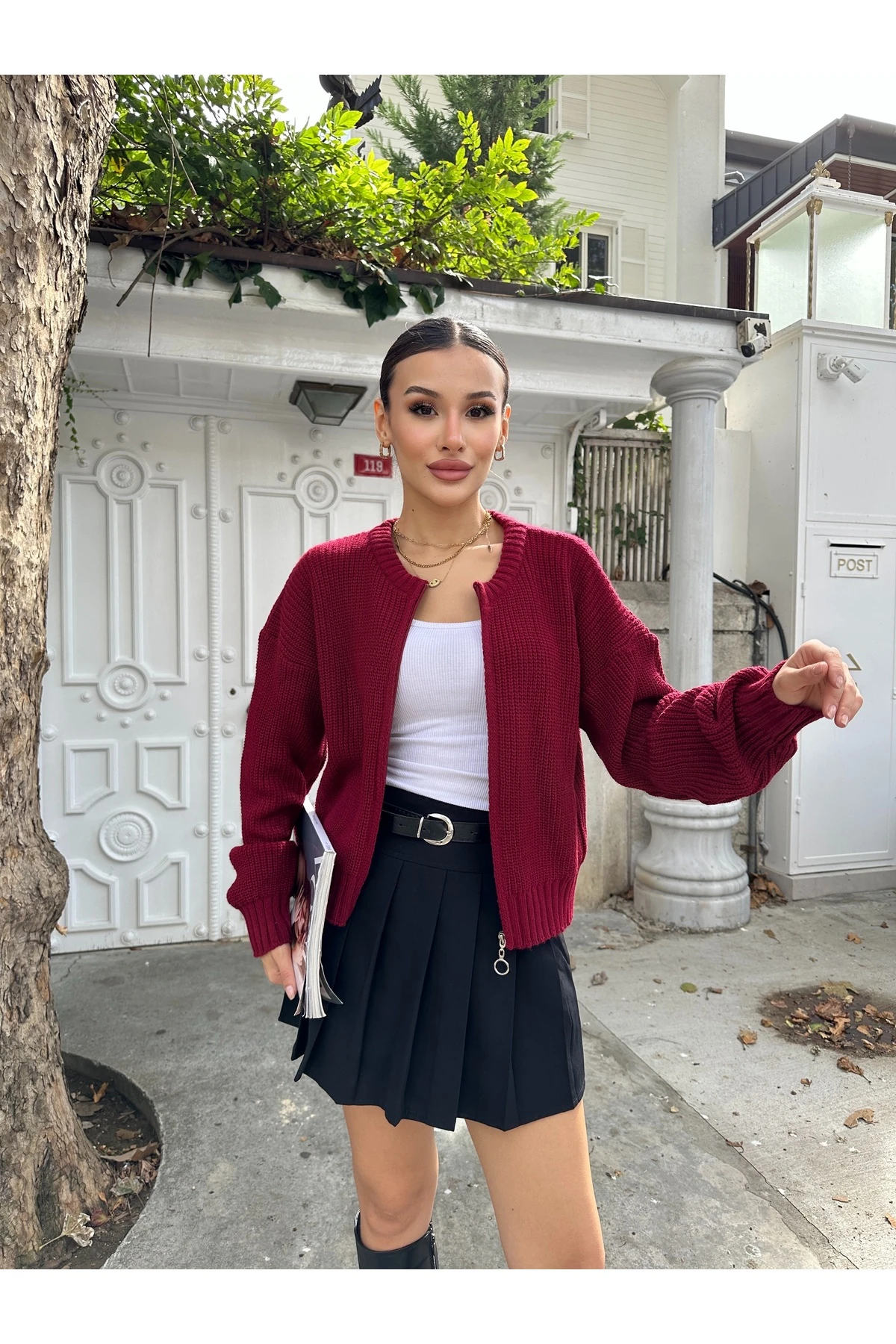 Kadın Fermuarlı Triko Hırka - Bordo