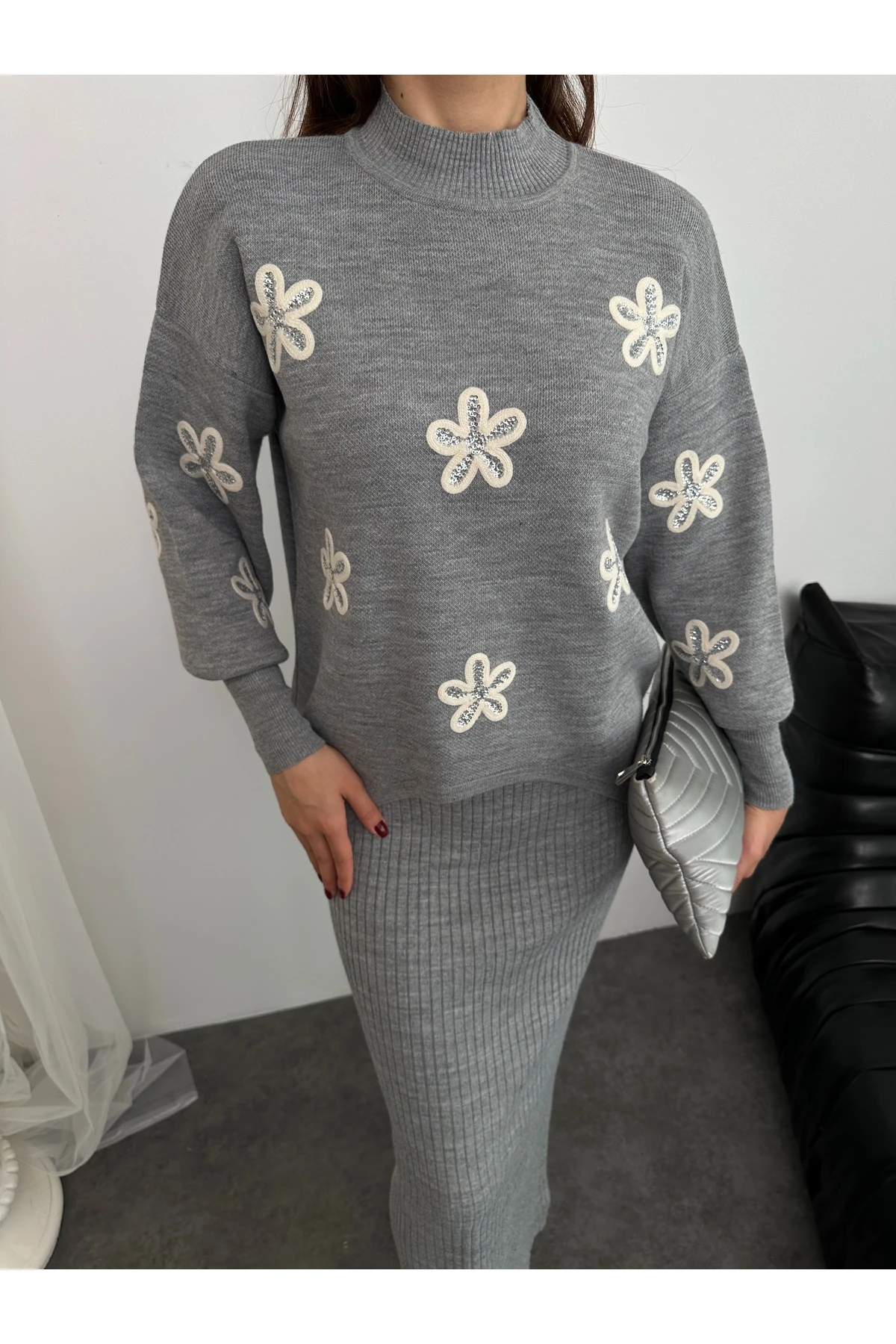 Papatya Desen Triko Takım - Gri