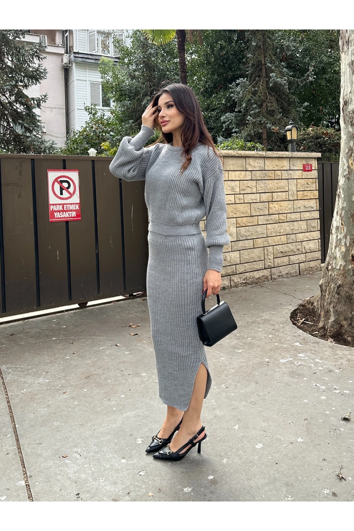 Selanik Örgü İkili Takım - Koyu Gri