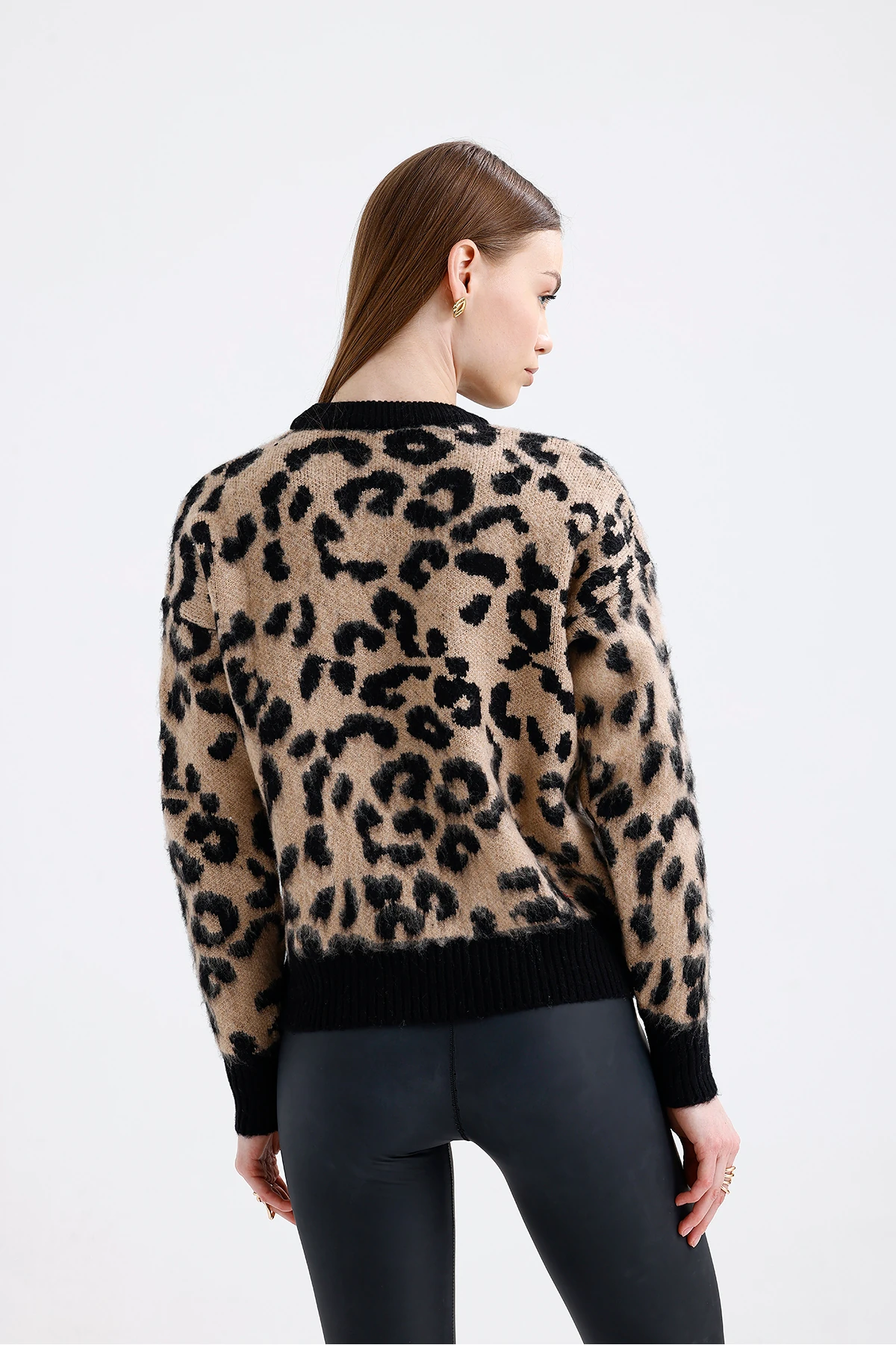 Leopar Desen Triko Kazak - Karamel