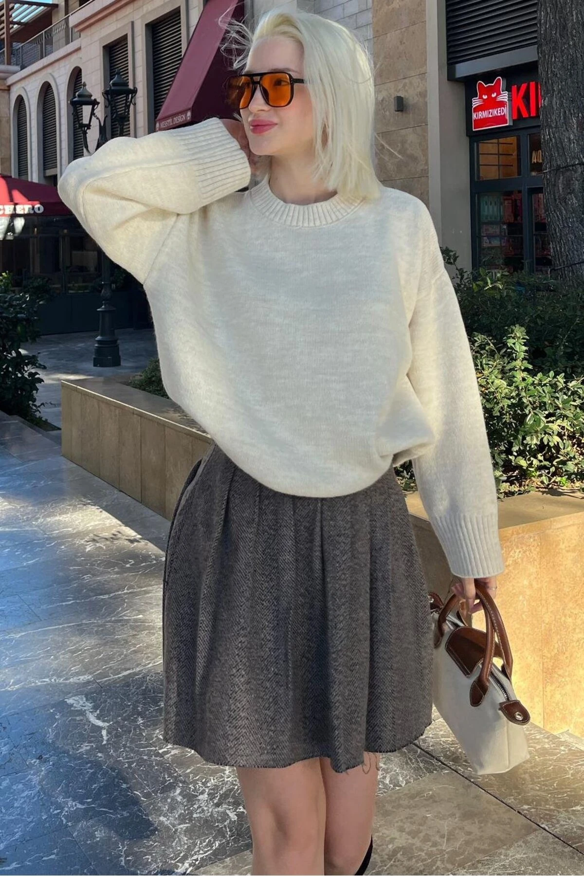 Antrasit Bisiklet Yaka Oversize Triko Kazak - Ekru