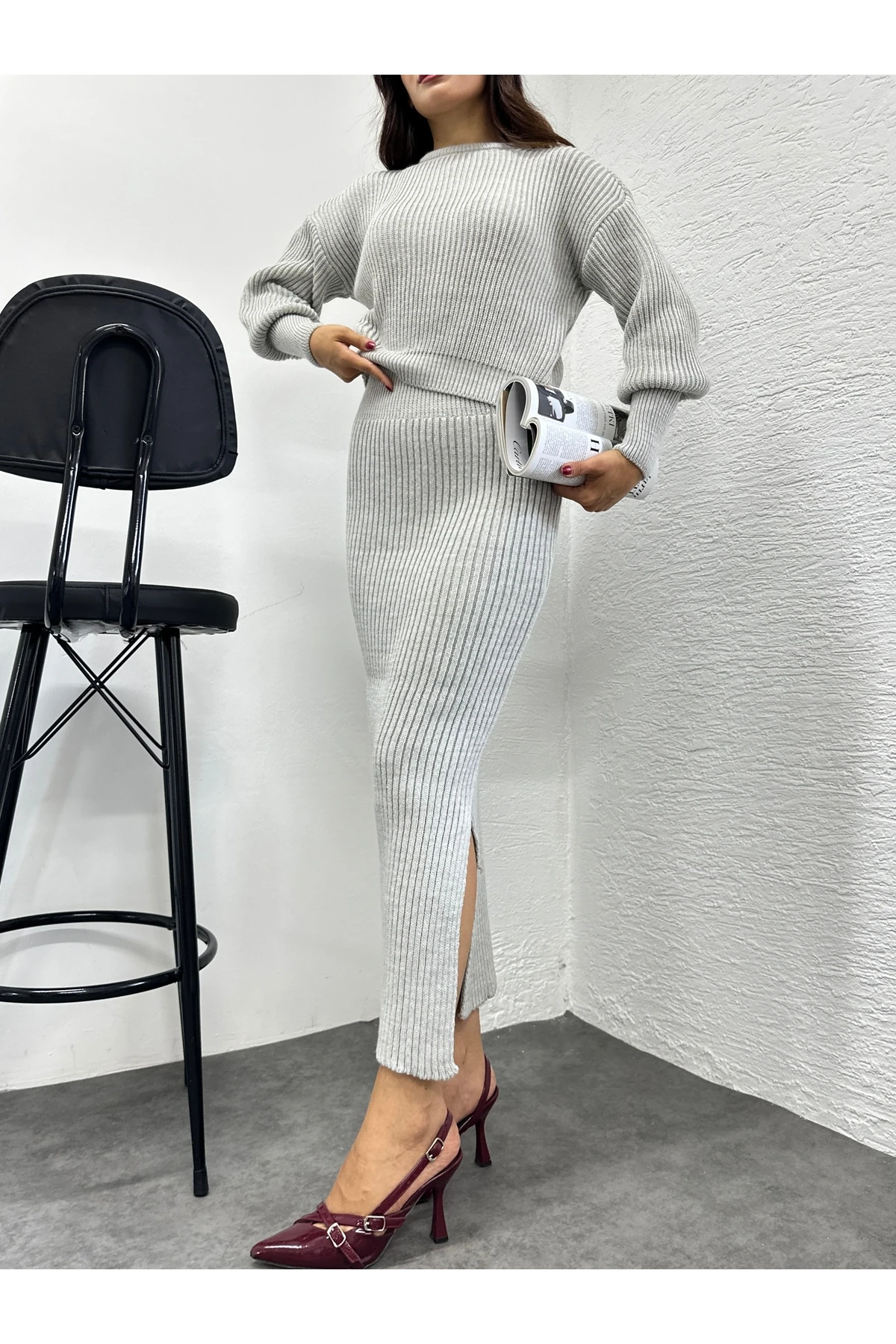 Selanik Örgü İkili Takım - Gri