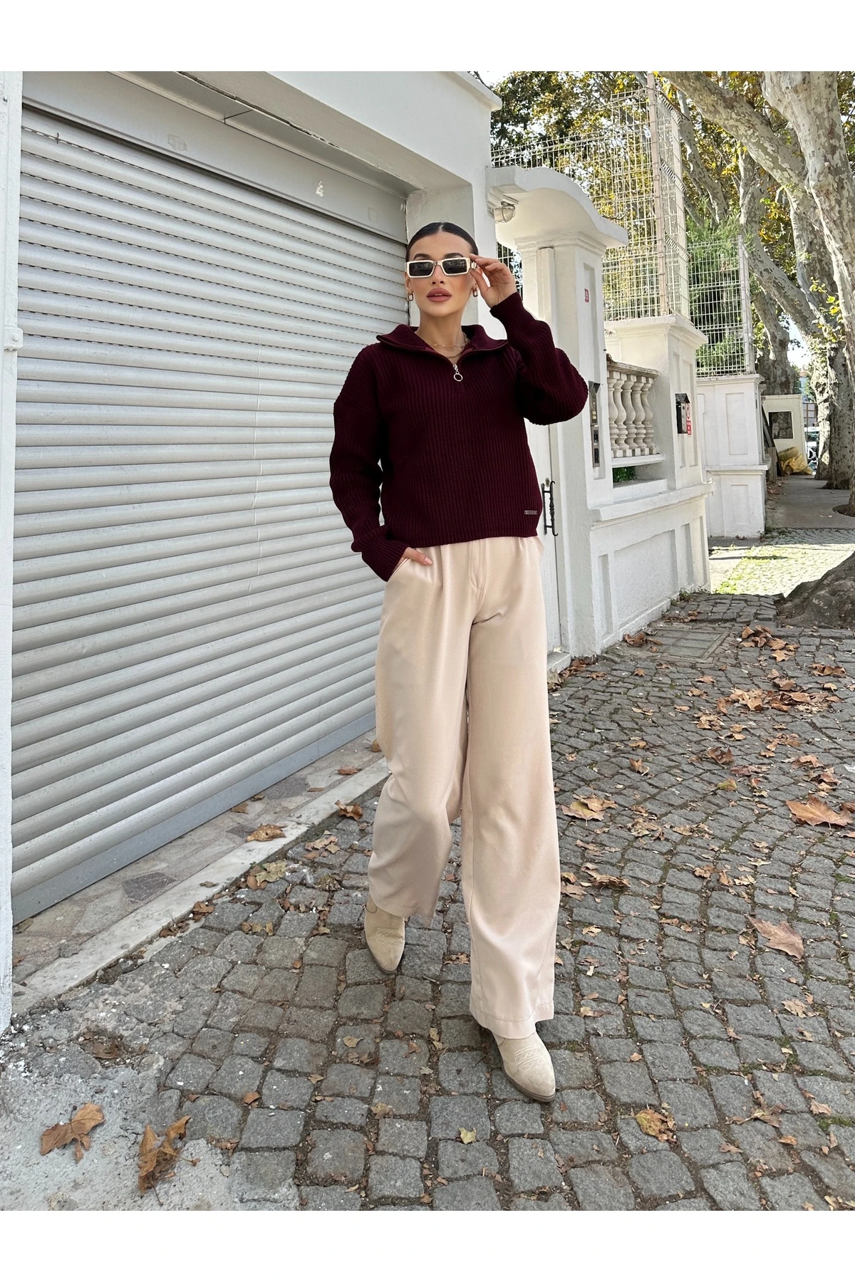 Fermuarlı Triko Kazak - Bordo