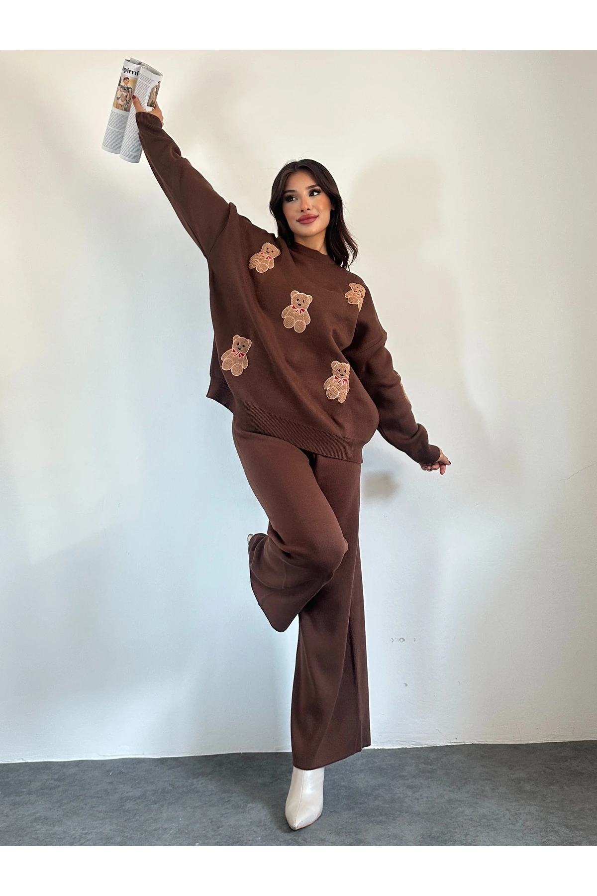 Ayıcıklı Triko Takım - acı kahve