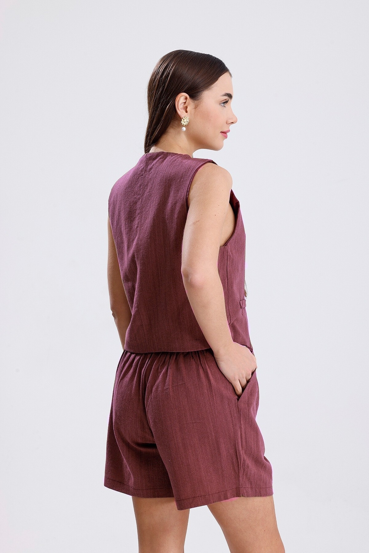 Keten Şortlu Takım - Bordo