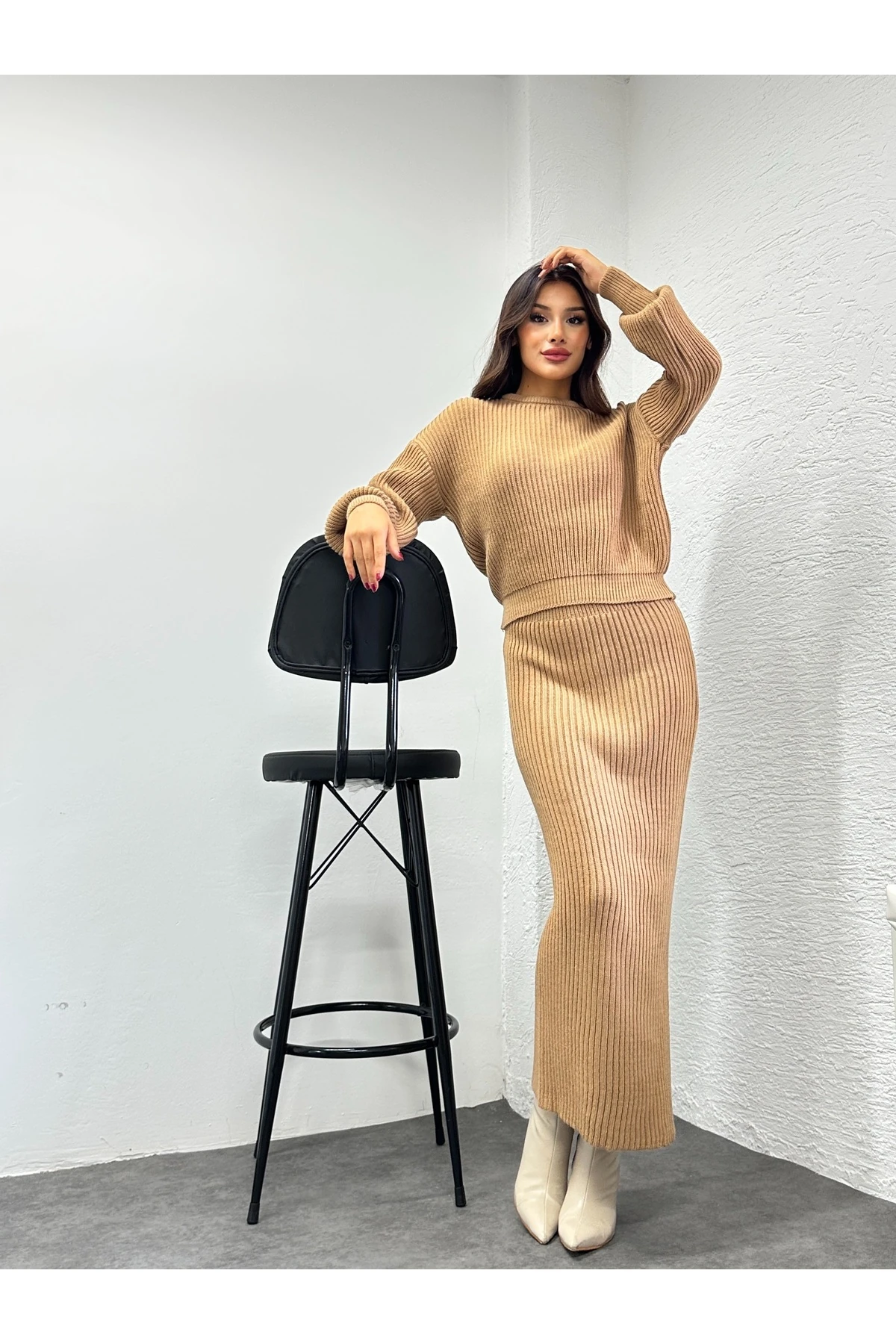 Selanik Örgü İkili Takım - Karamel