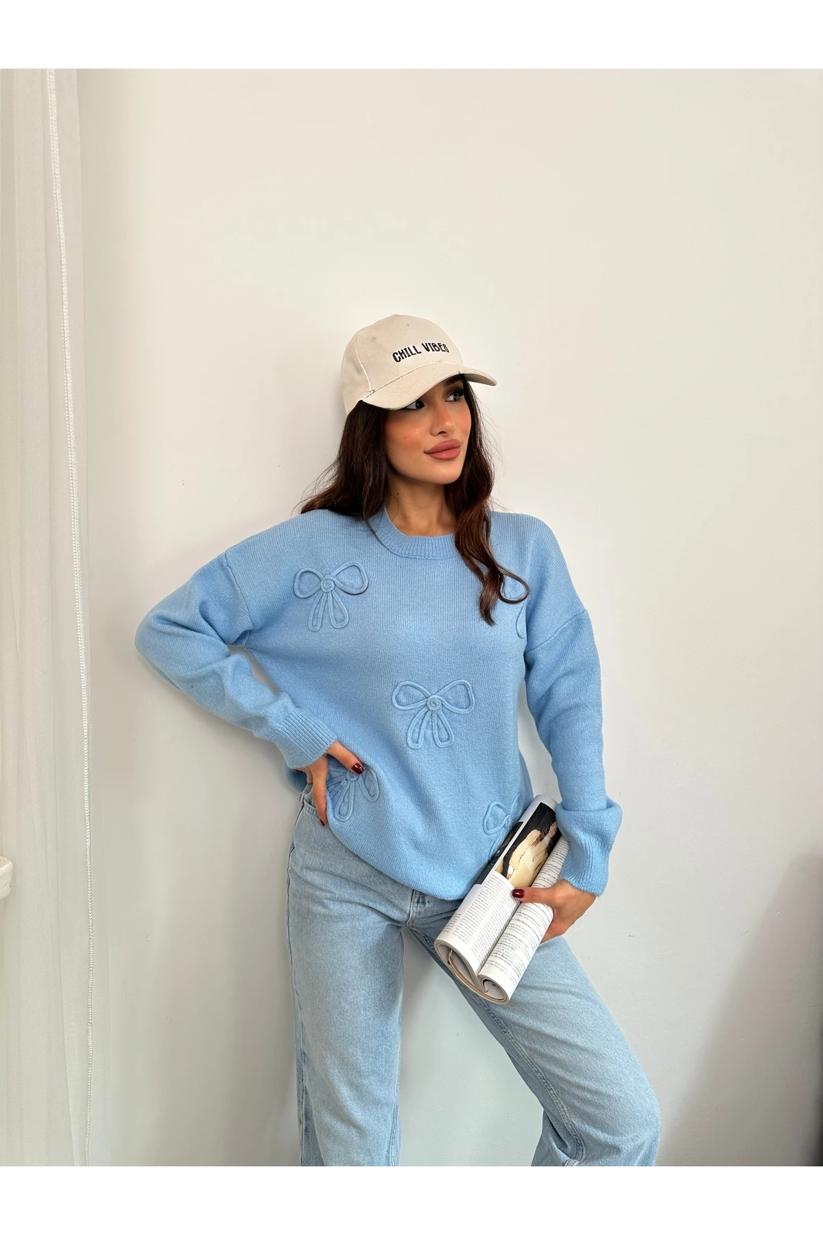Fiyonk Süzeneli Kadın Triko Kazak - Bebe Mavisi