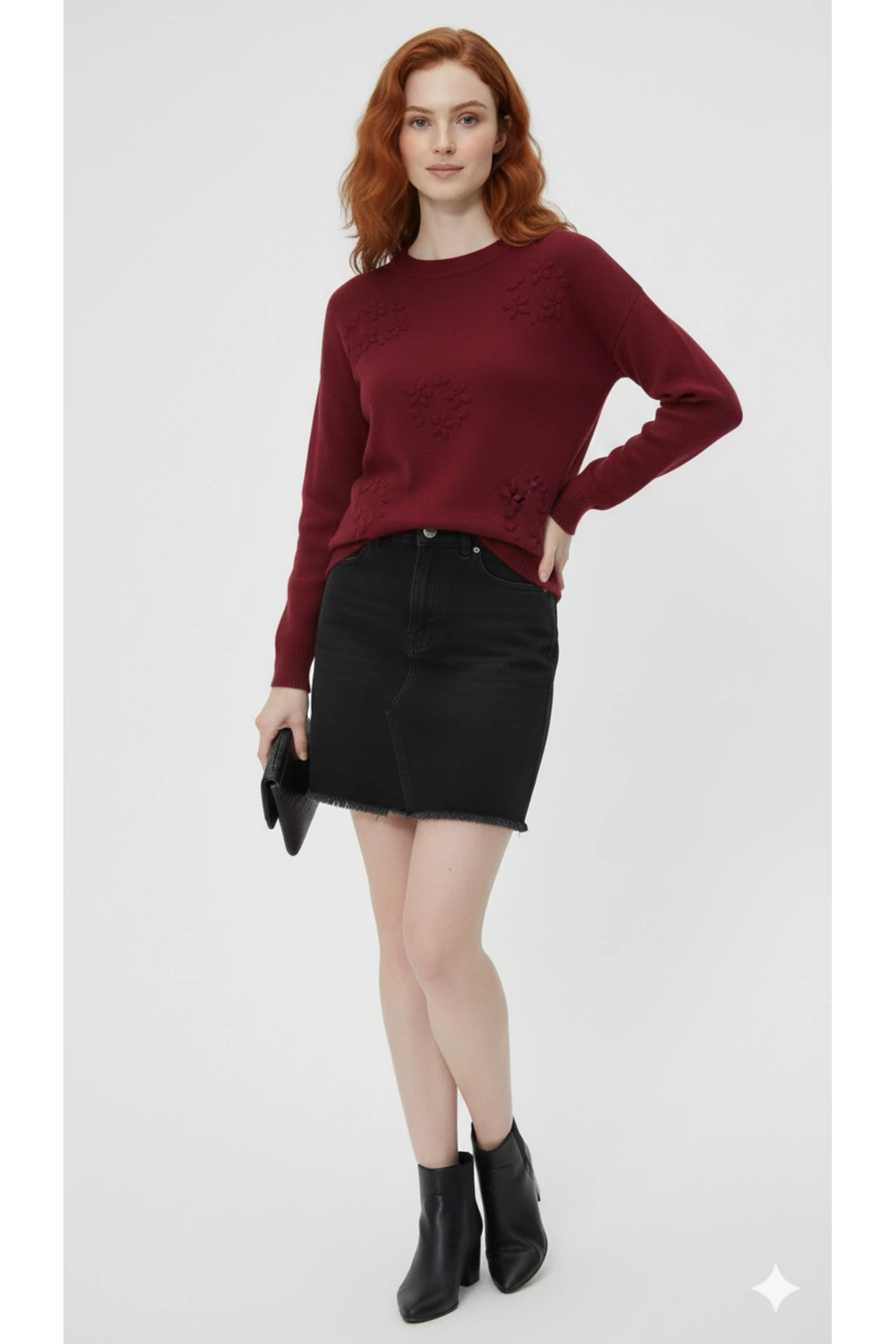 El İşi Çiçek İşlemeli Kadın Triko Kazak - Bordo