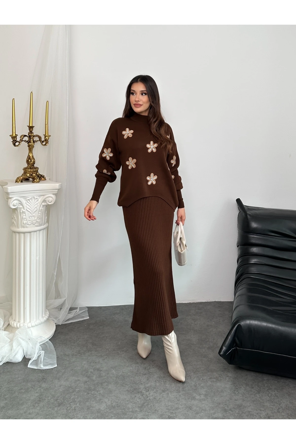 Papatya Desen Triko Takım - Kahverengi