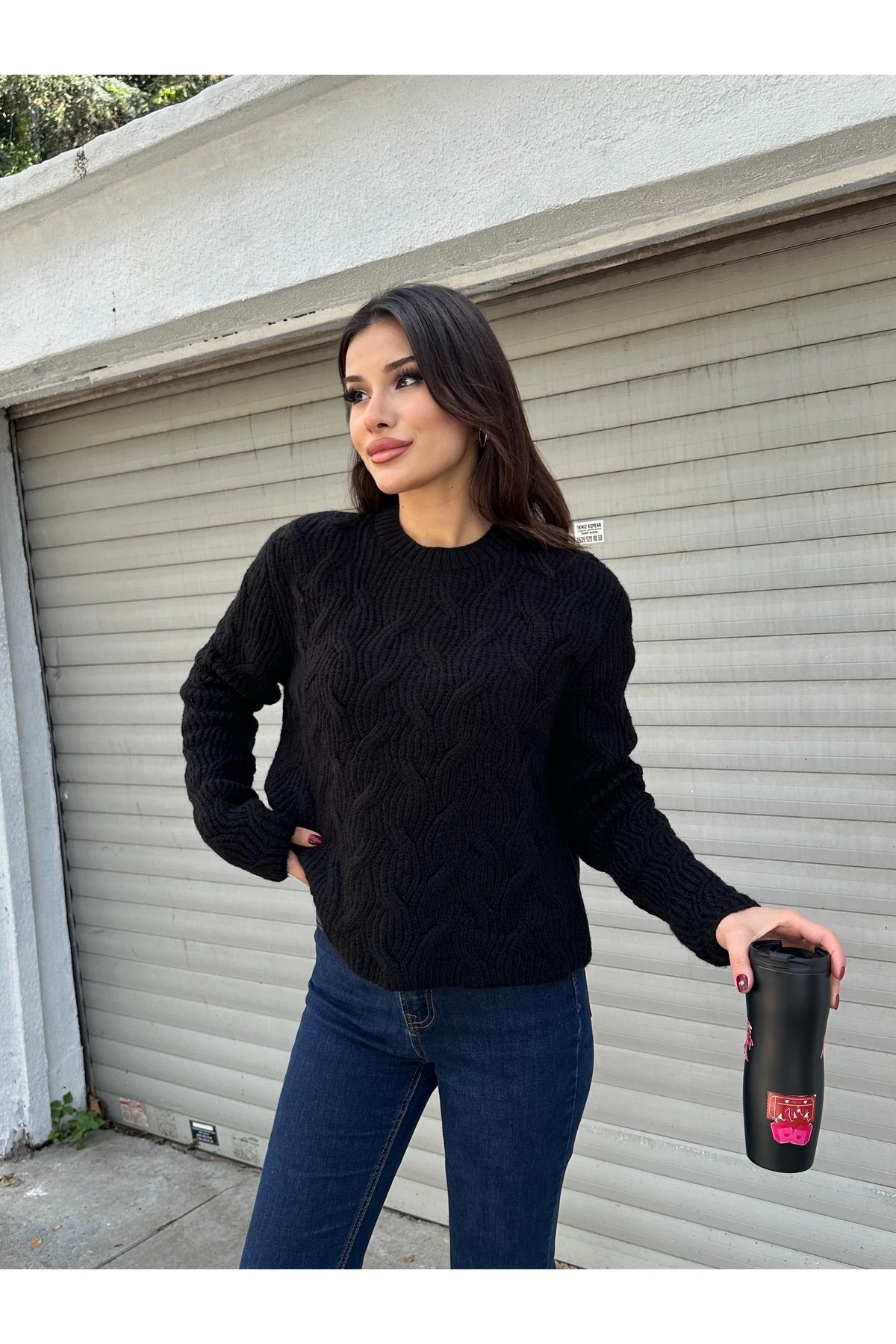 Bisiklet Yaka Dokulu Triko Kazak - Siyah