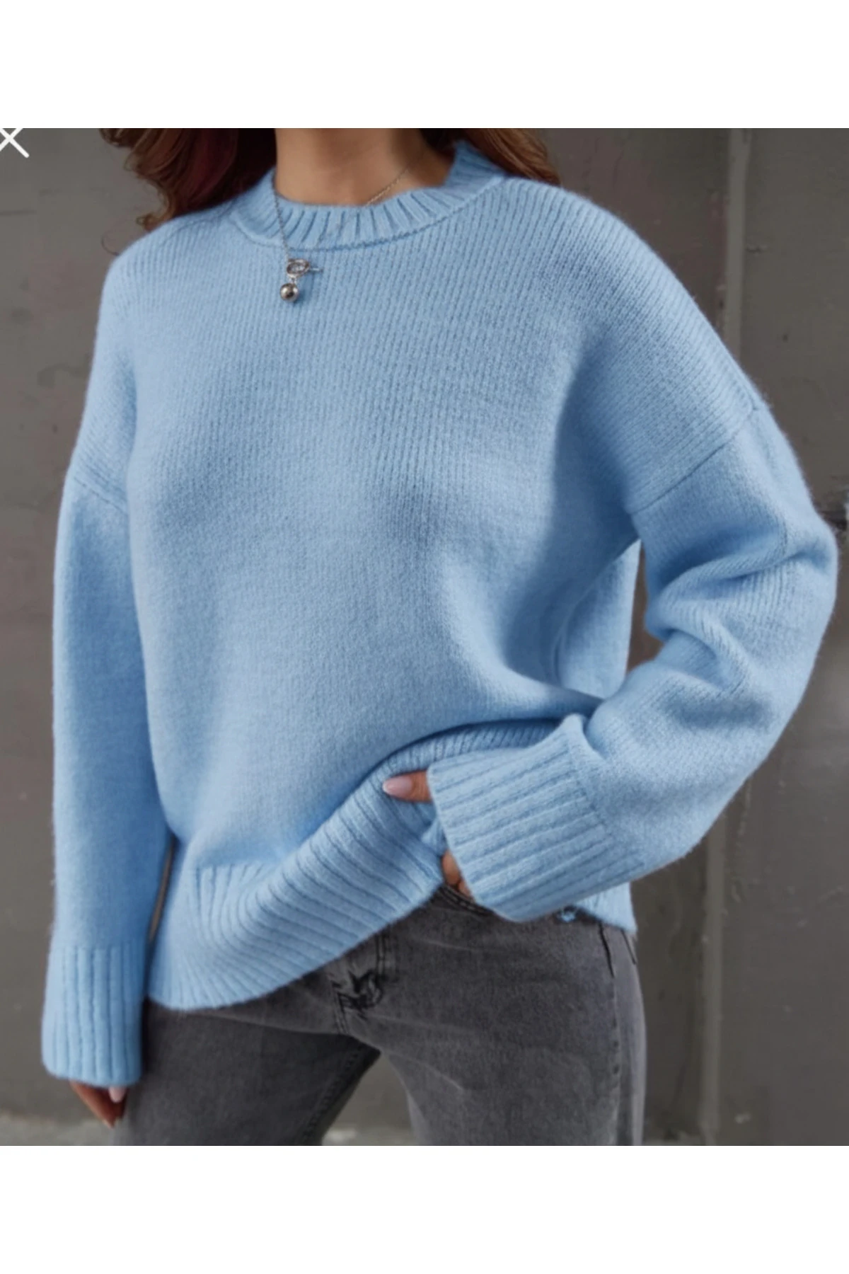 Antrasit Bisiklet Yaka Oversize Triko Kazak - Bebe Mavisi