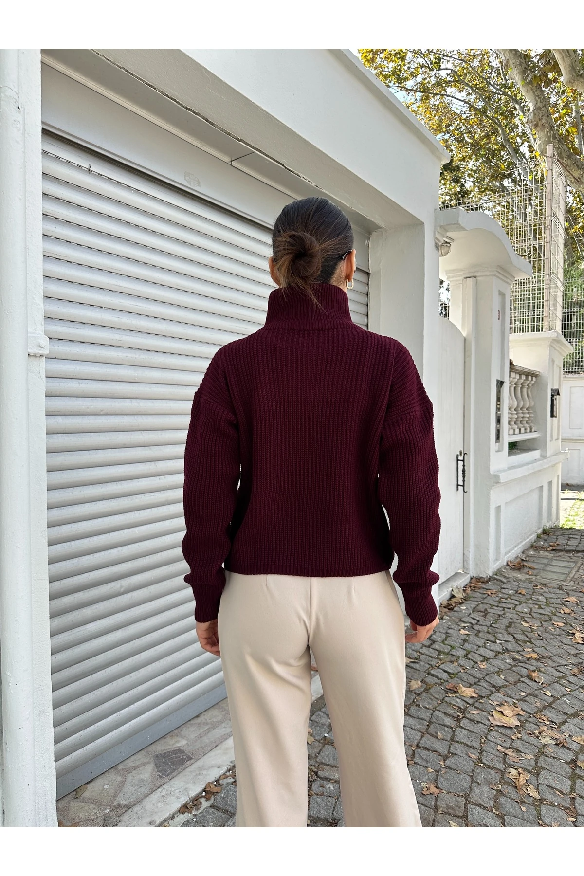 Fermuarlı Triko Kazak - Bordo