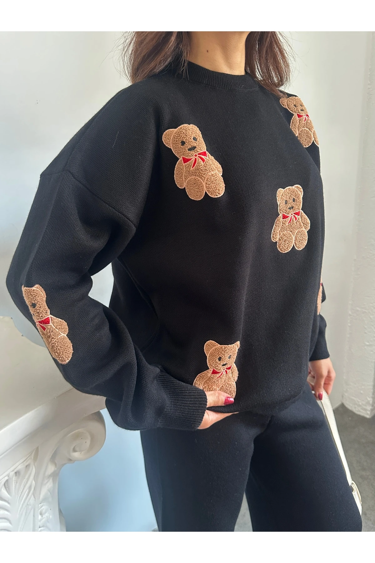 Ayıcıklı Triko Takım - Siyah