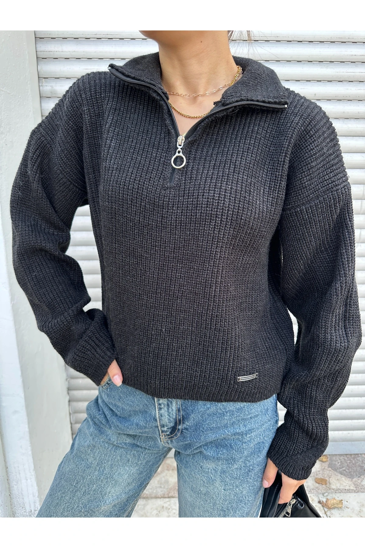 Fermuarlı Triko Kazak - Siyah