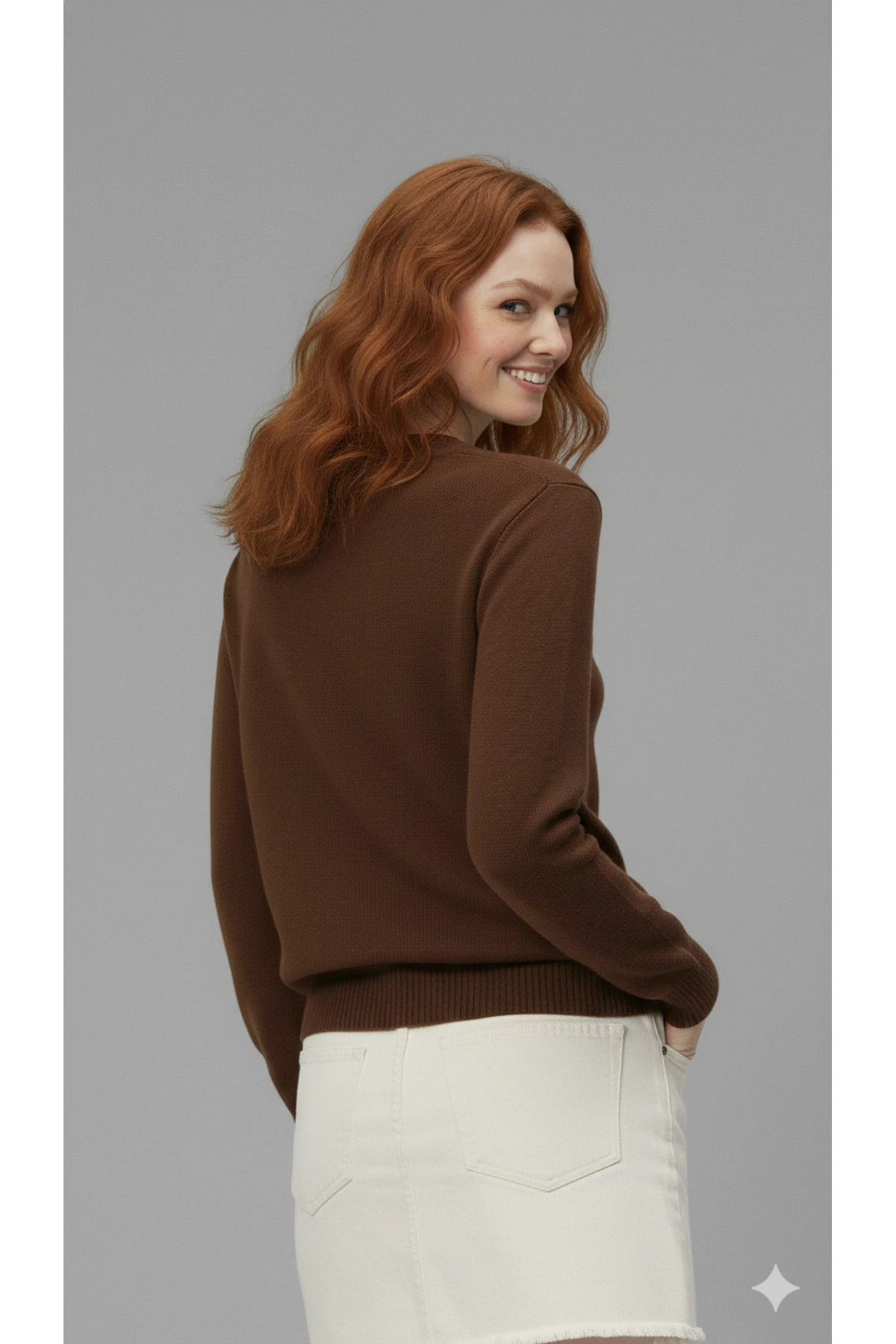 El İşi Çiçek İşlemeli Kadın Triko Kazak - Kahverengi