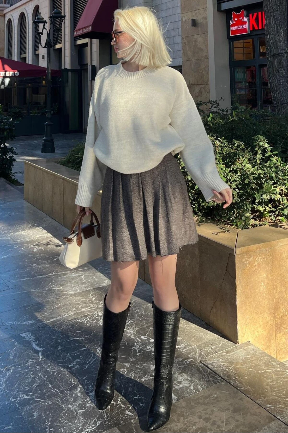 Antrasit Bisiklet Yaka Oversize Triko Kazak - Ekru