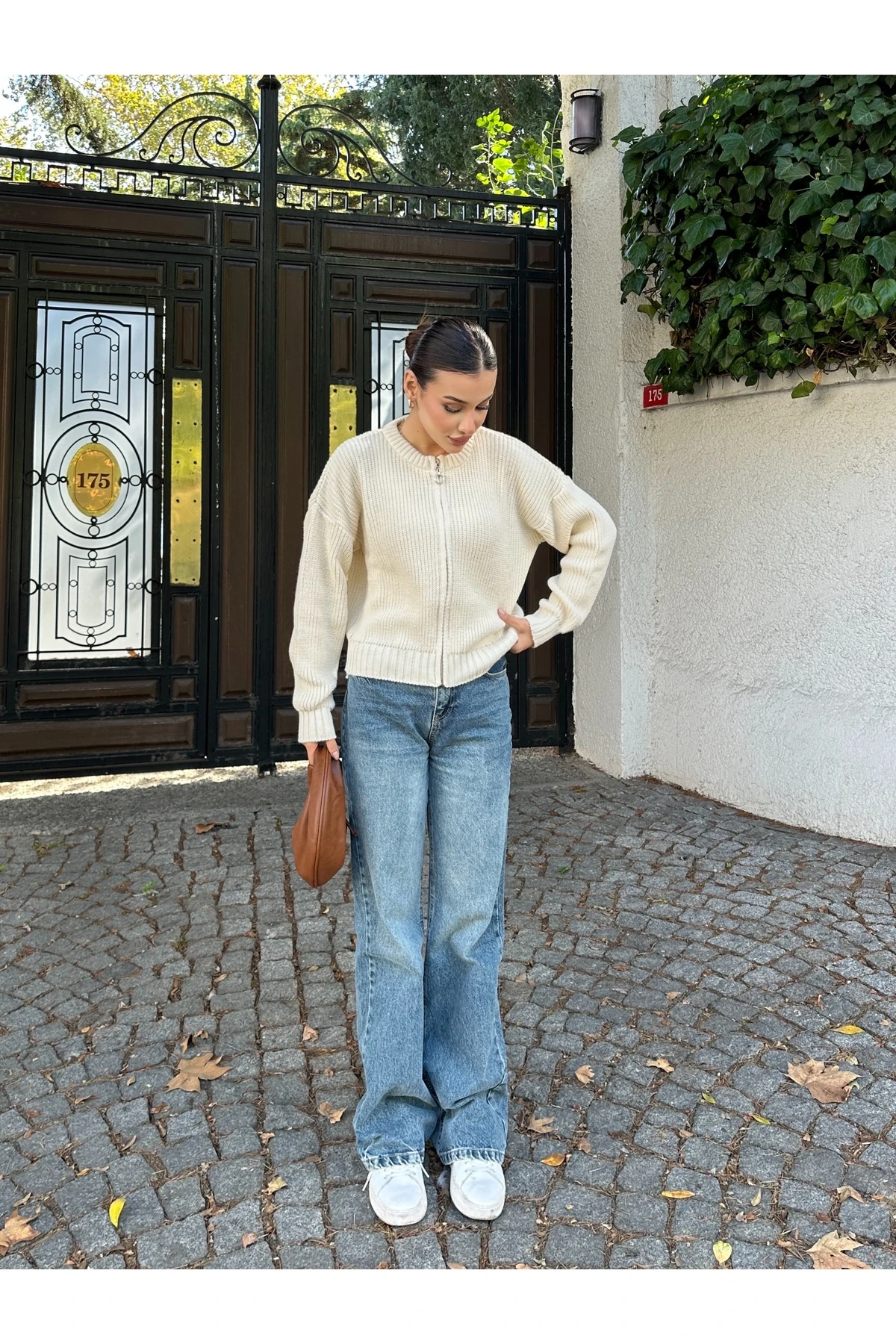 Kadın Fermuarlı Triko Hırka - Krem