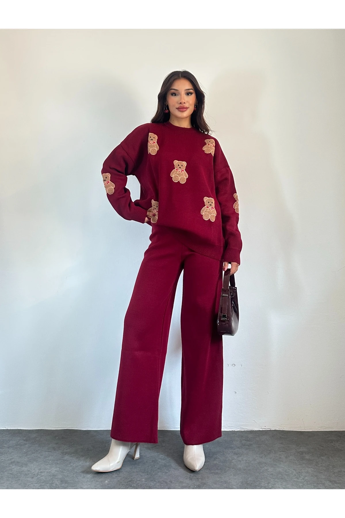 Ayıcıklı Triko Takım - Bordo