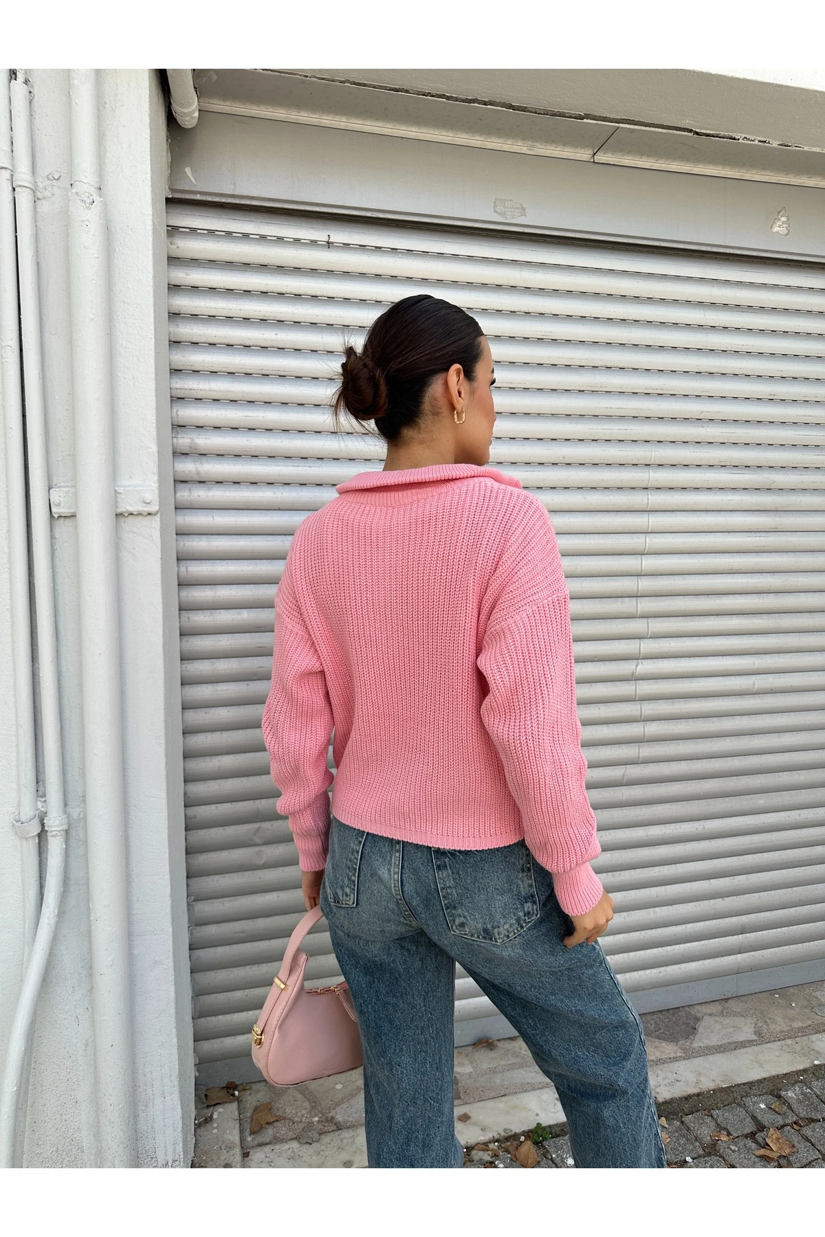 Fermuarlı Triko Kazak - Pembe