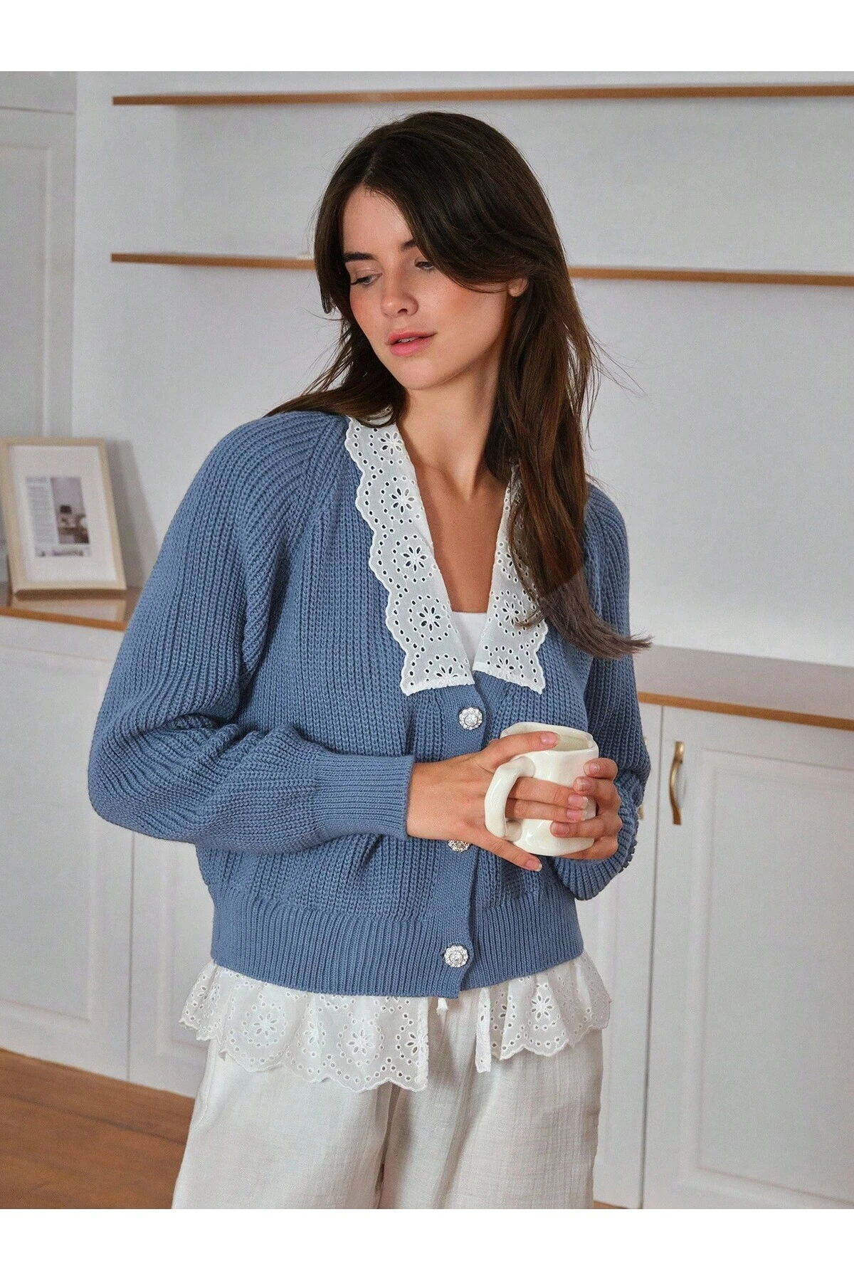 Brodeli V Yaka Hırka - i̇ndigo mavisi