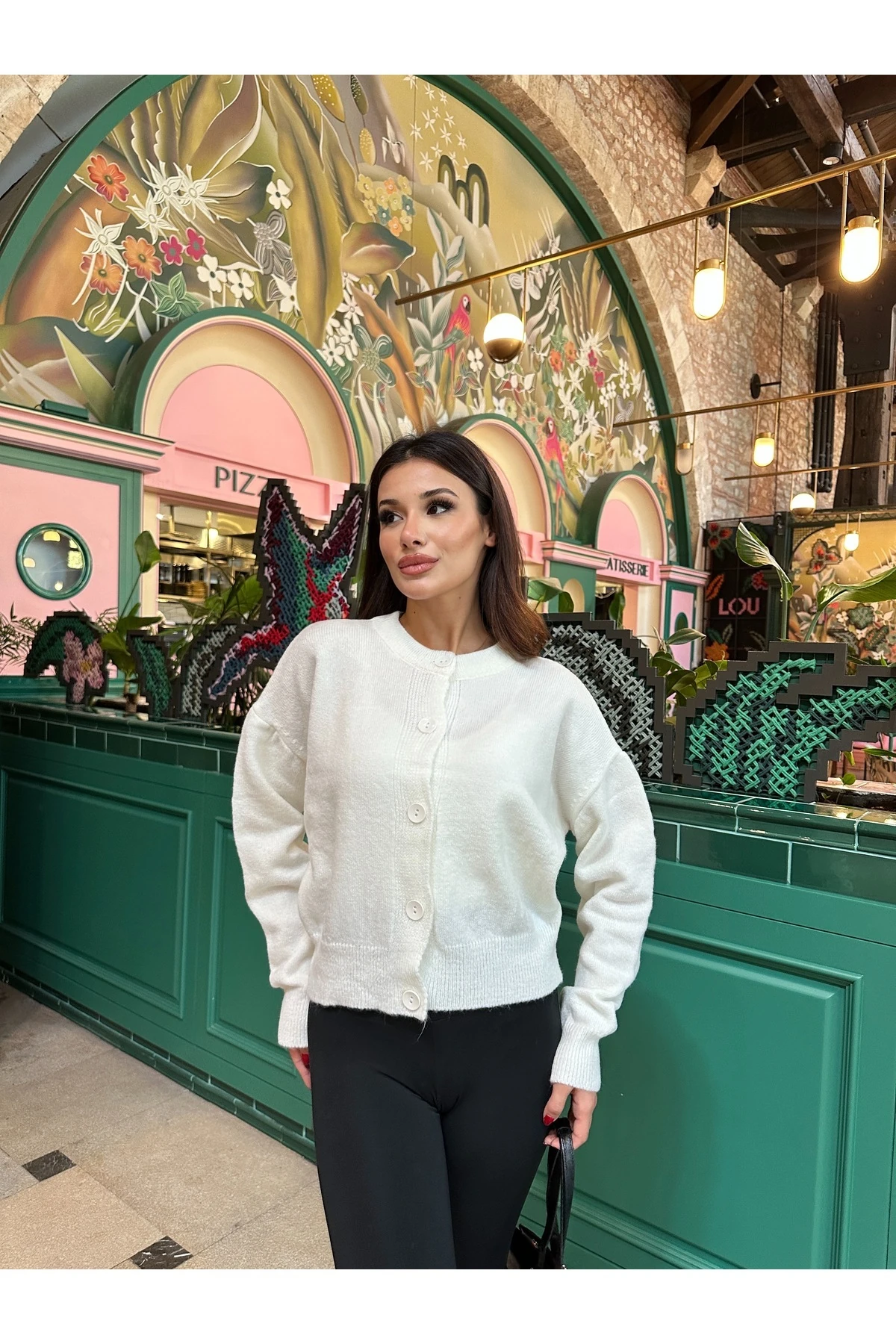 Basic Düğmeli Antrasit Triko Hırka - Beyaz