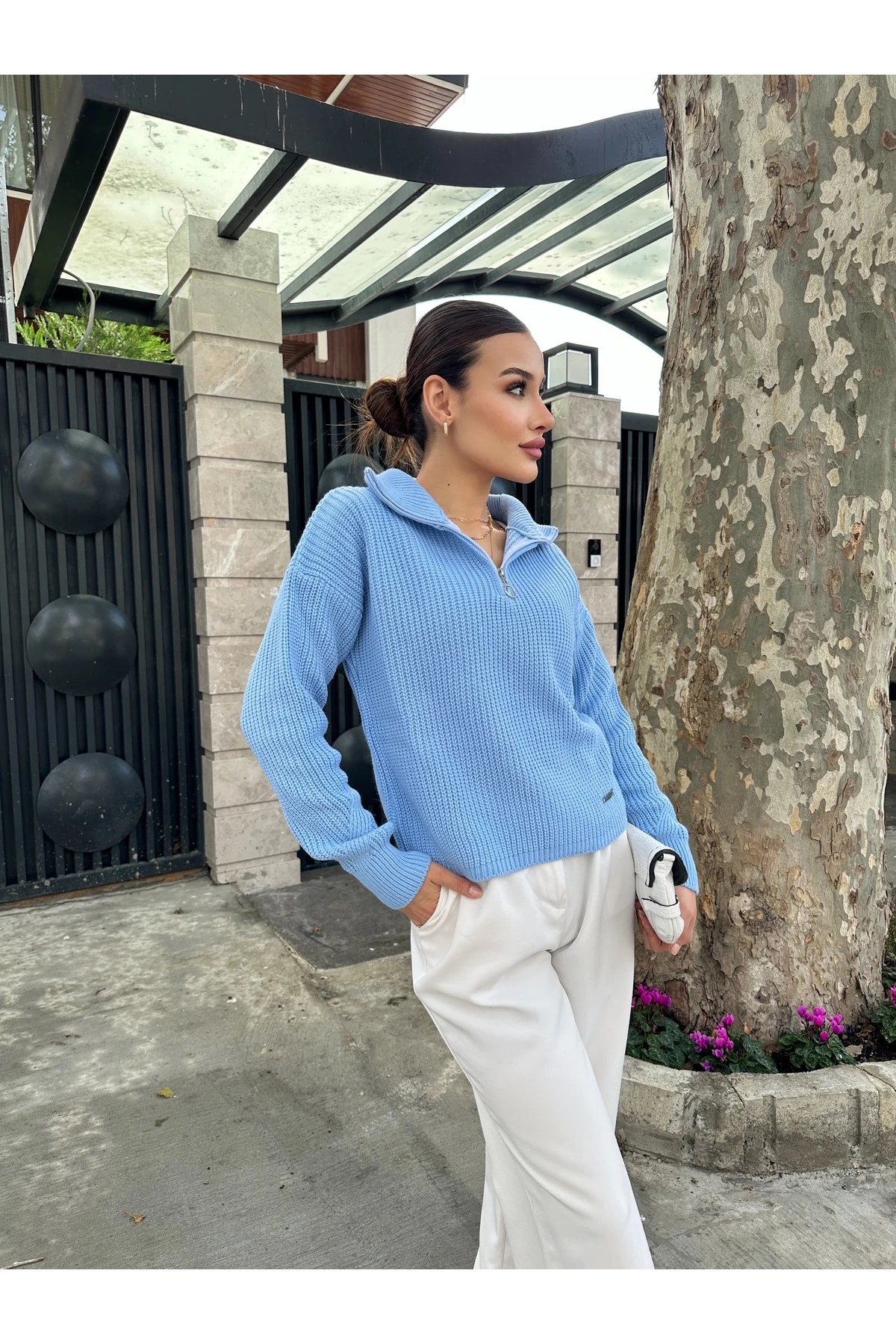 Fermuarlı Triko Kazak - Mavi