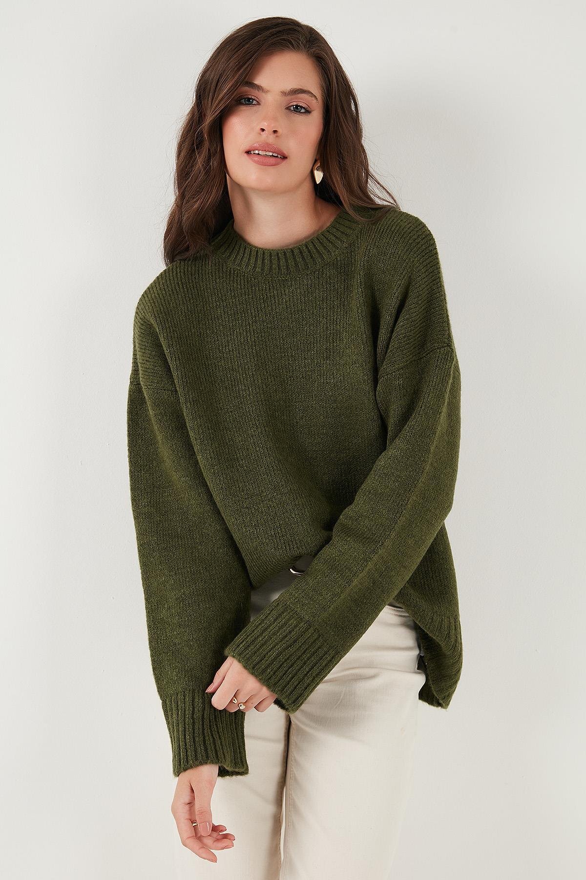 Antrasit Bisiklet Yaka Oversize Triko Kazak - Haki