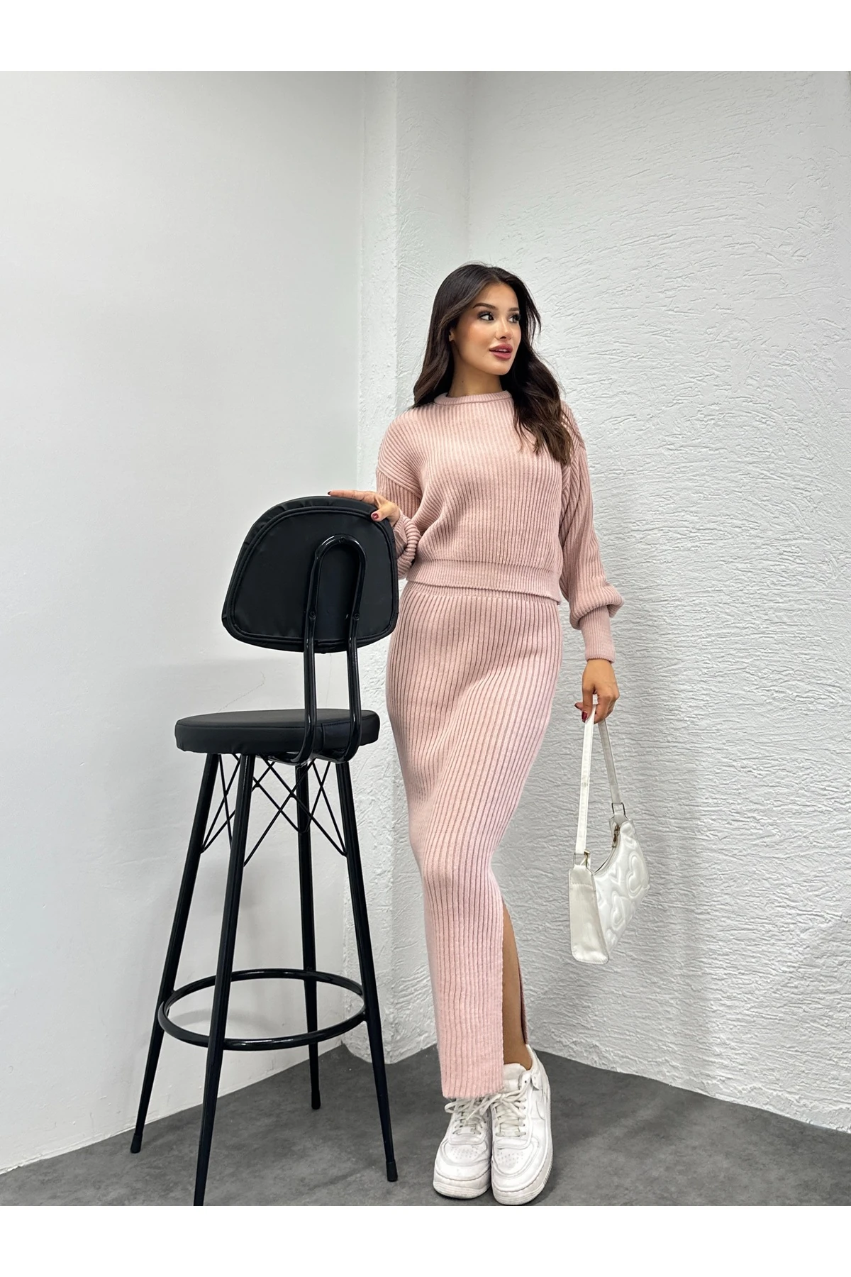 Selanik Örgü İkili Takım - Pudra