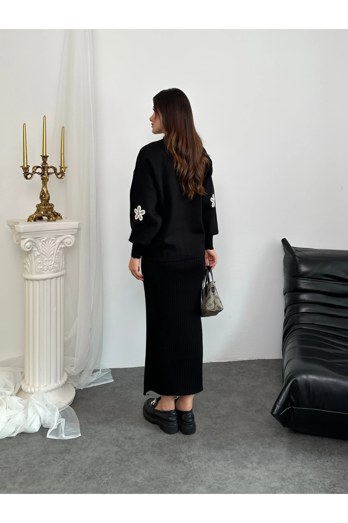 Papatya Desen Triko Takım - Siyah