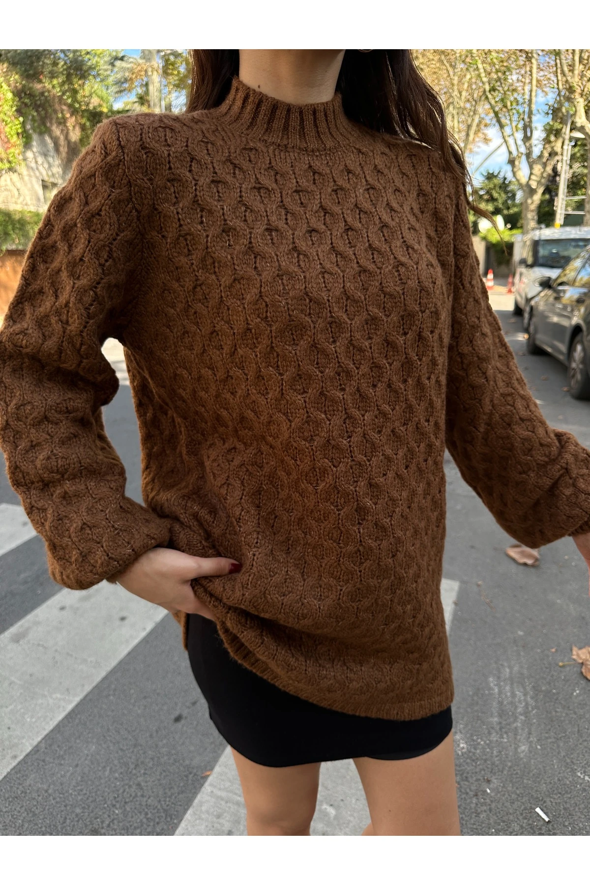 Bisiklet Yaka Dokulu Triko Tunik - Kahverengi