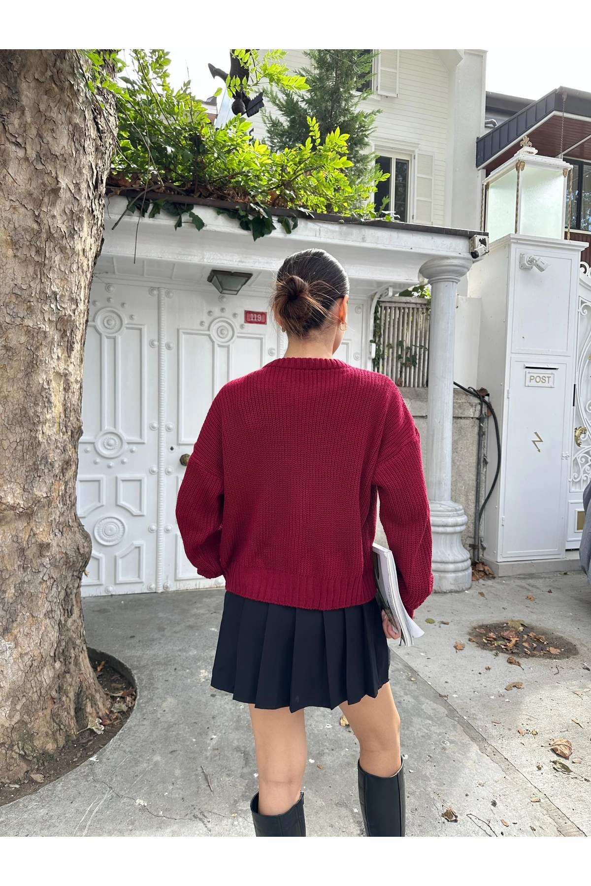 Kadın Fermuarlı Triko Hırka - Bordo