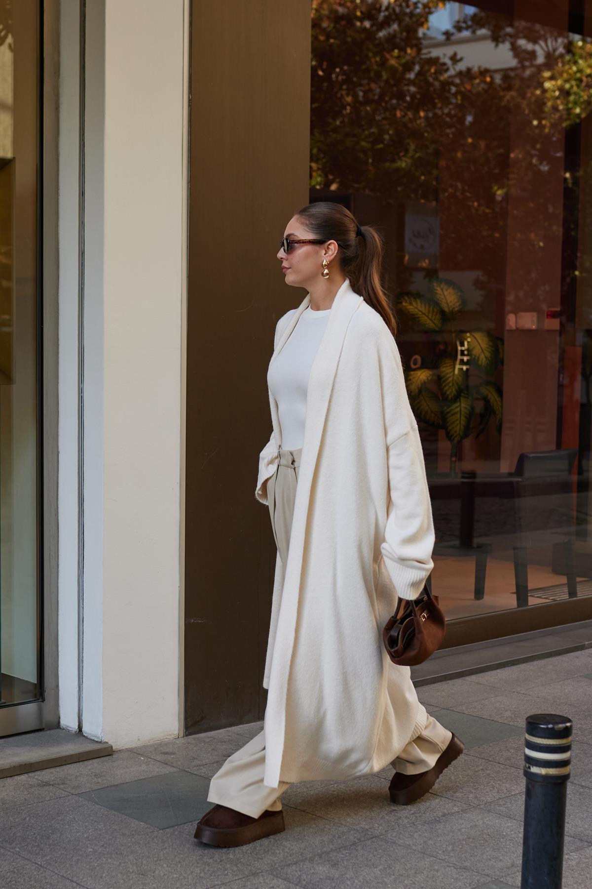 Acı Kahve Şal Yaka Uzun Hırka - Bej