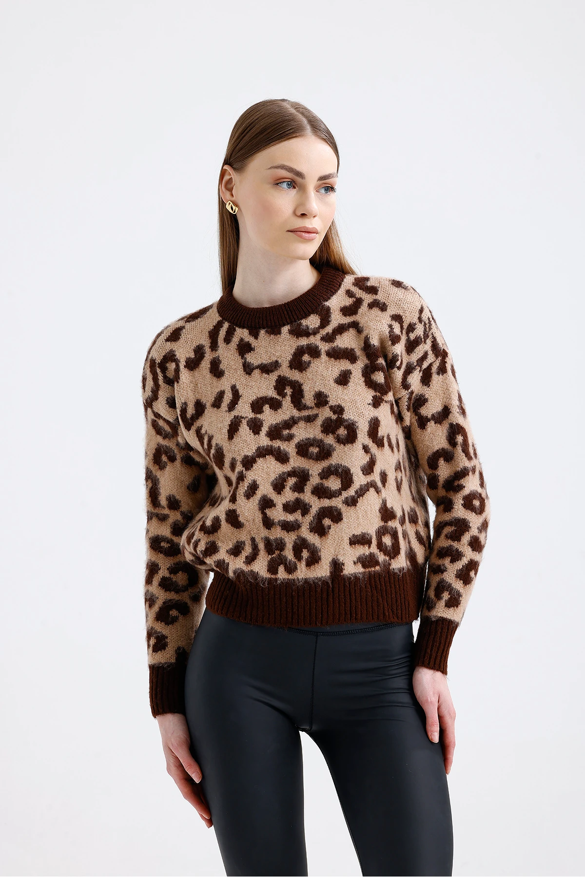 Leopar Desen Triko Kazak - Kahverengi