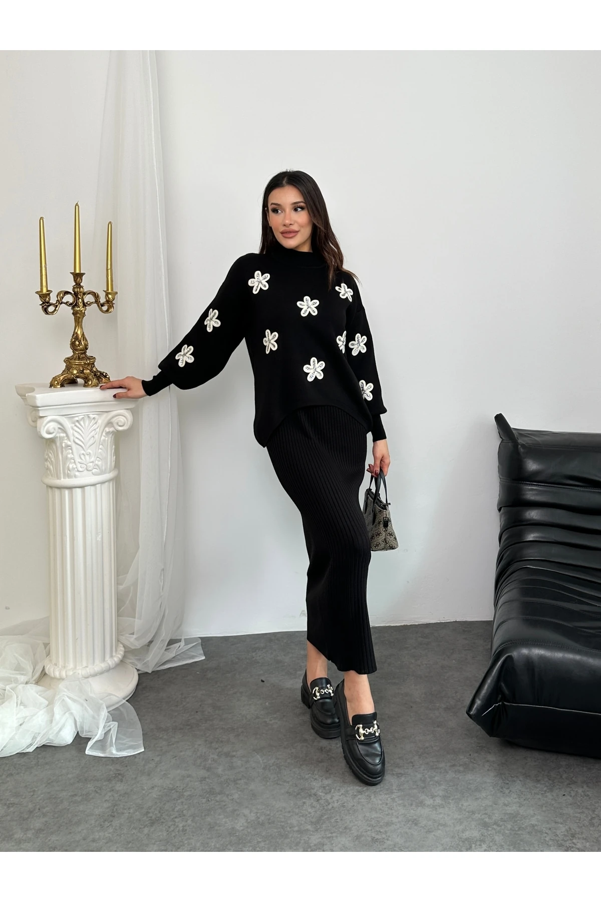 Papatya Desen Triko Takım - Siyah