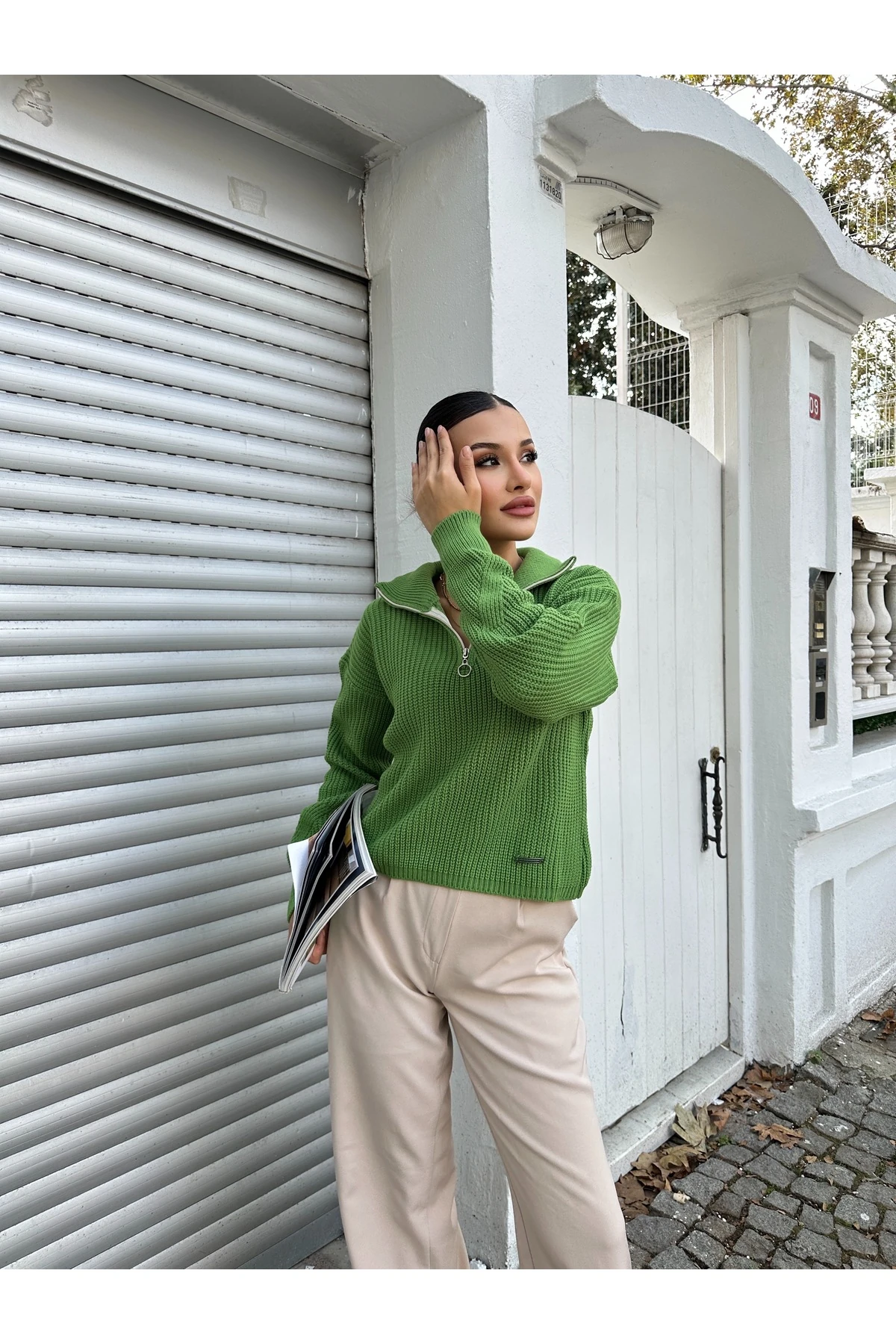 Fermuarlı Triko Kazak - Yeşil