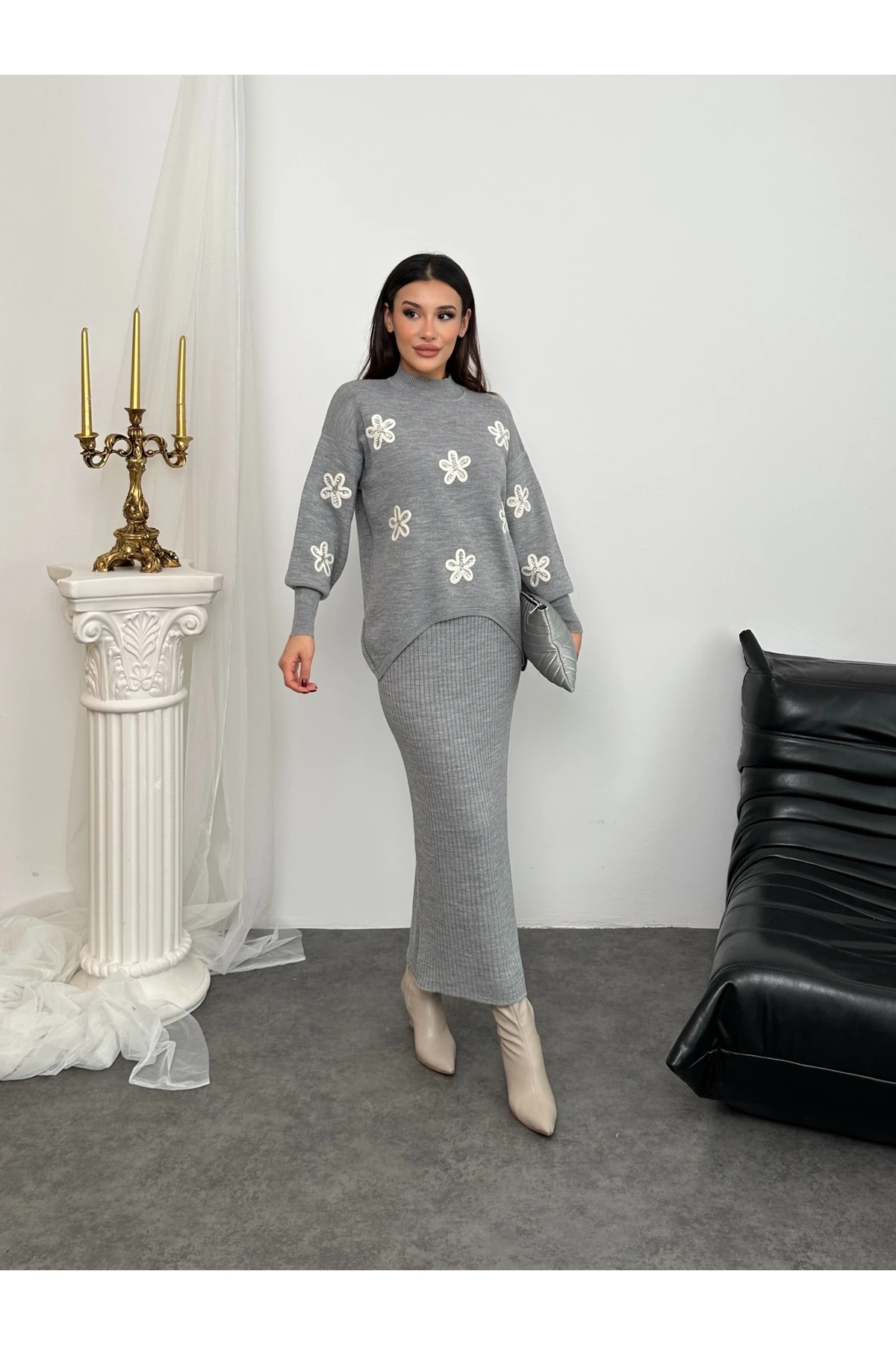 Papatya Desen Triko Takım - Gri
