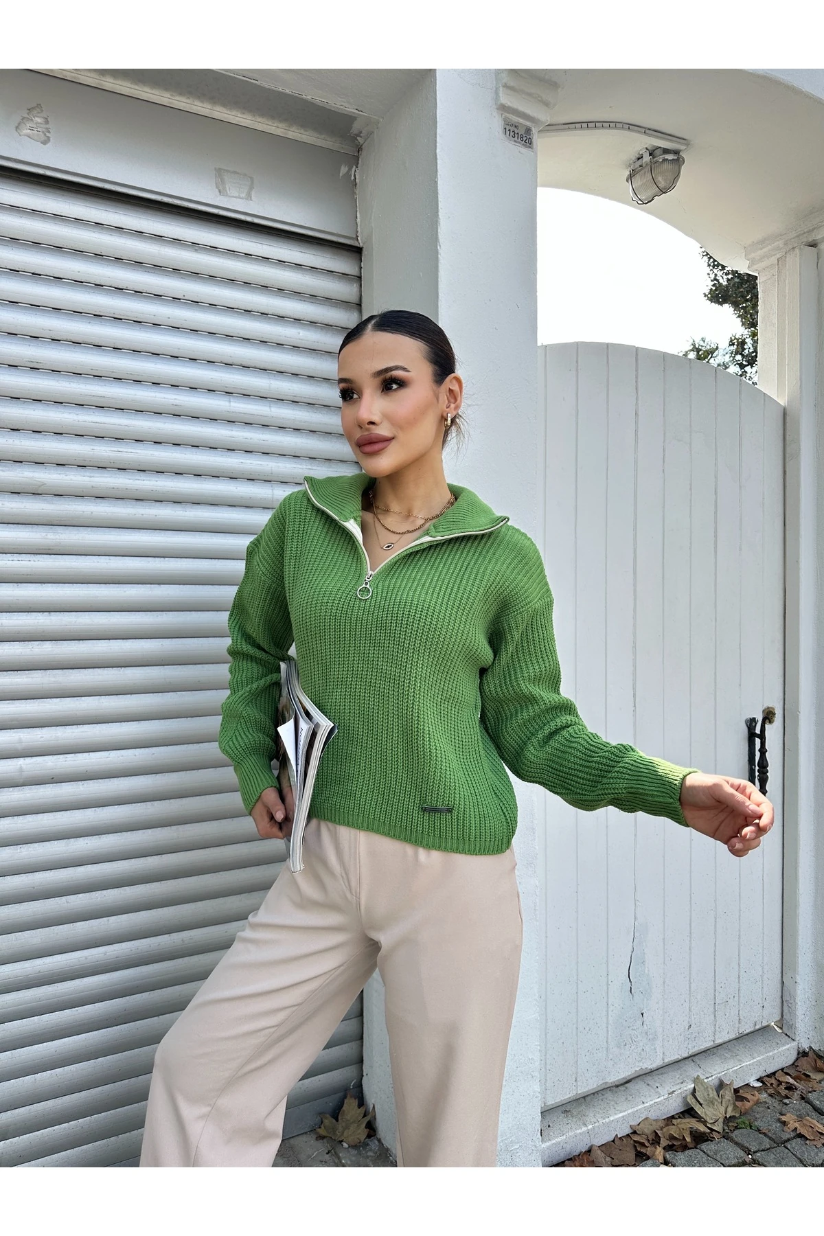 Fermuarlı Triko Kazak - Yeşil