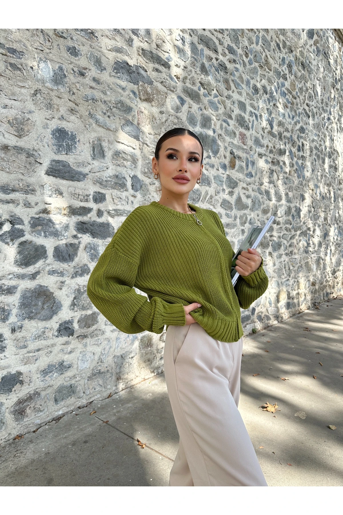 Kadın Fermuarlı Triko Hırka - yosun yeşili