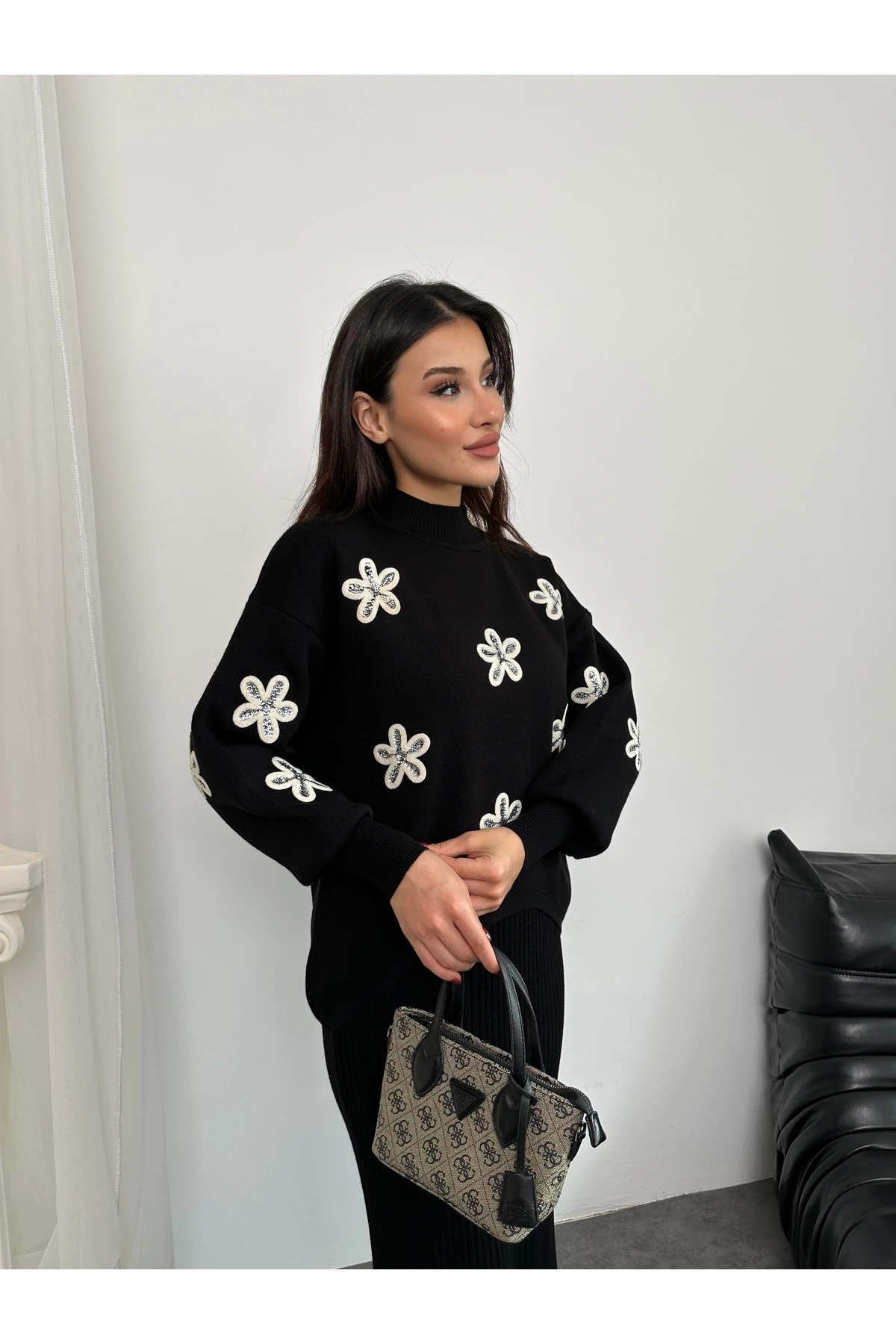 Papatya Desen Triko Takım - Siyah