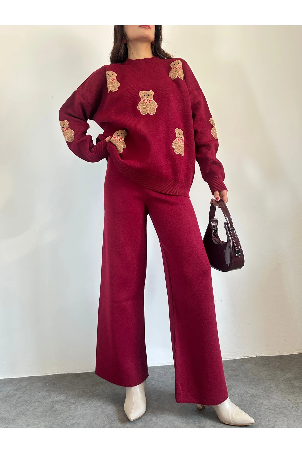 Ayıcıklı Triko Takım - Bordo