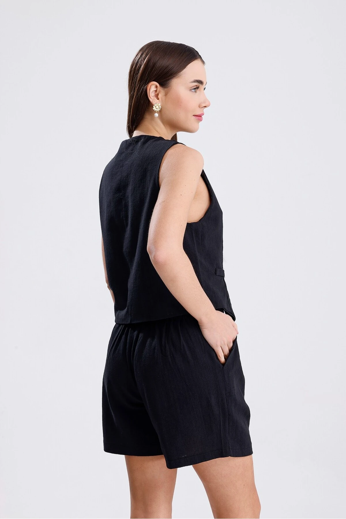 Keten Şortlu Takım - Siyah