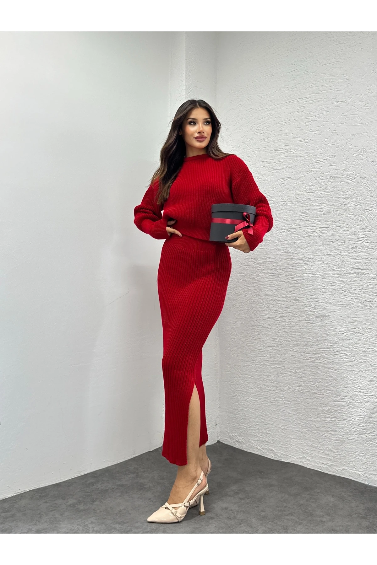 Selanik Örgü İkili Takım - Kırmızı