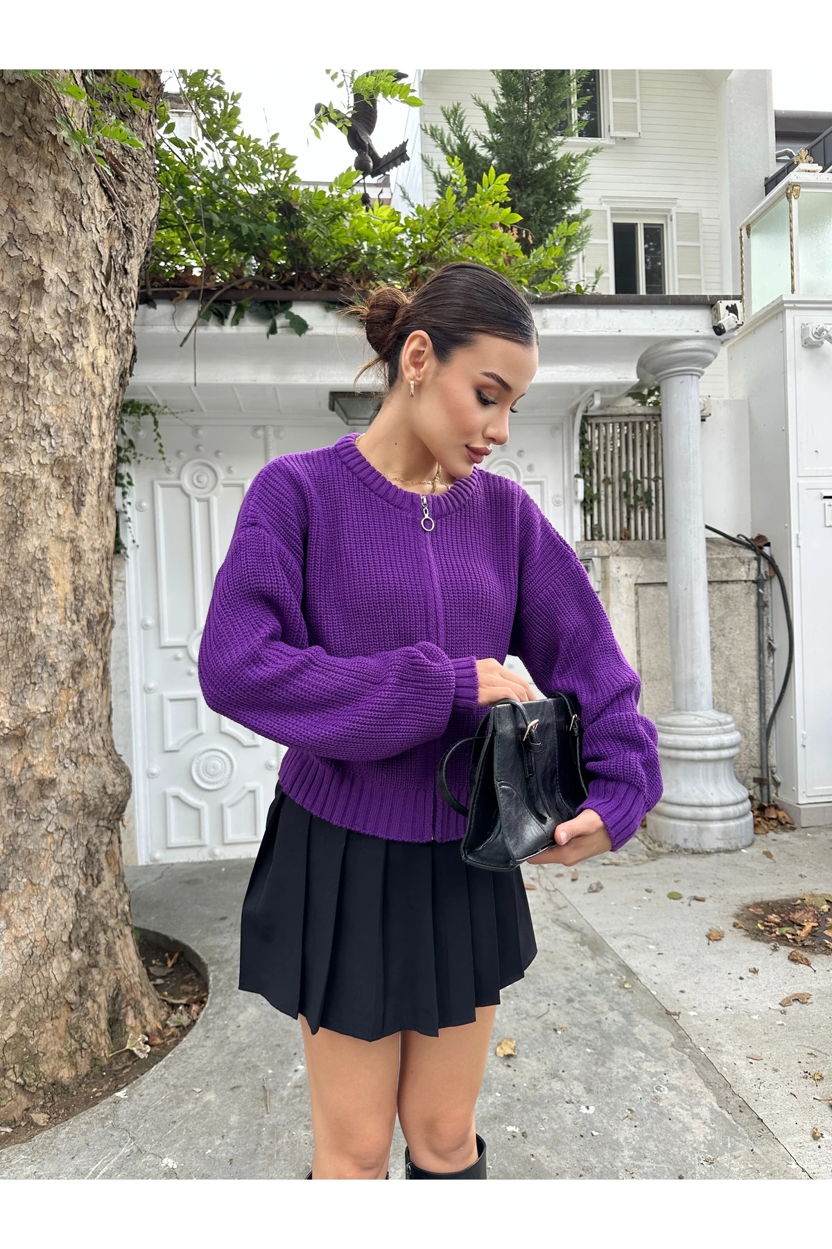 Kadın Fermuarlı Triko Hırka - Mor