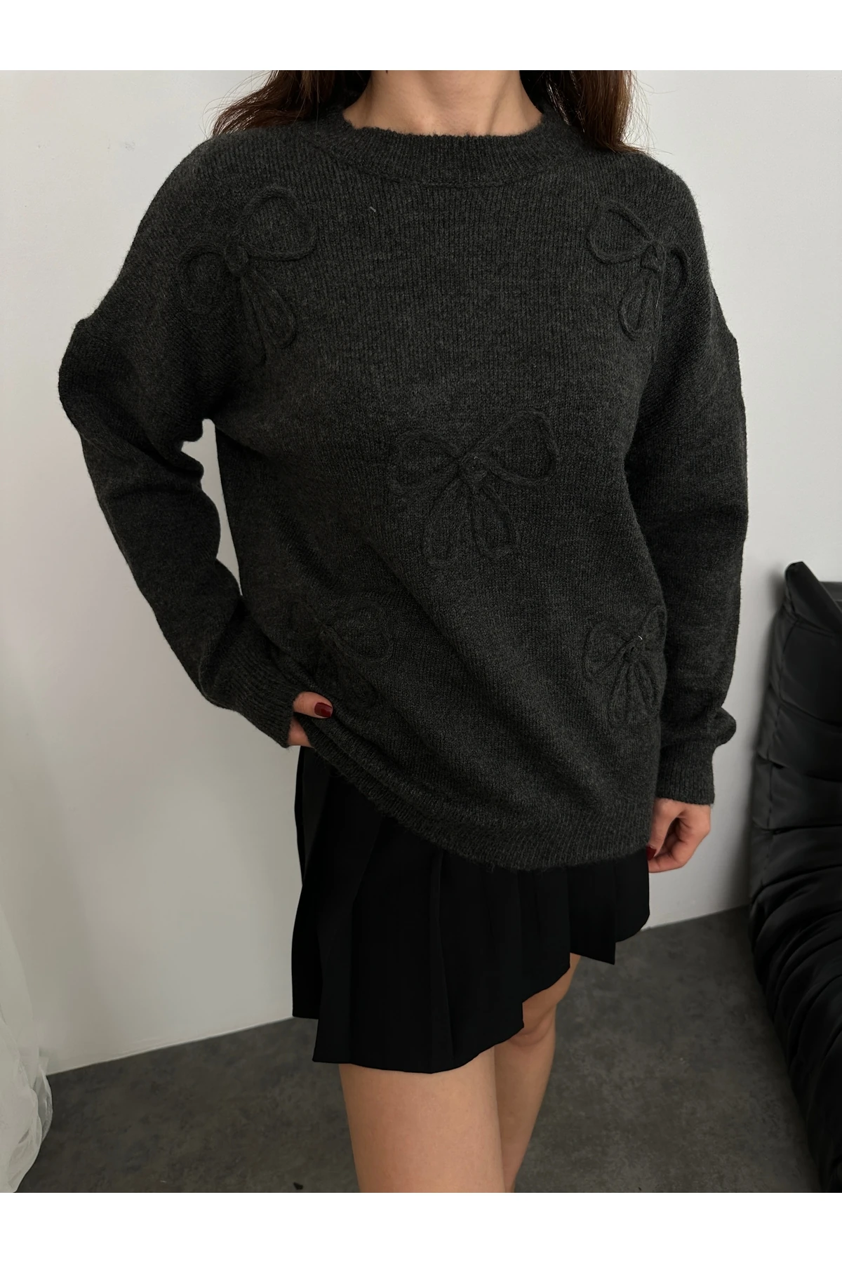 Fiyonk Süzeneli Kadın Triko Kazak - Antrasit